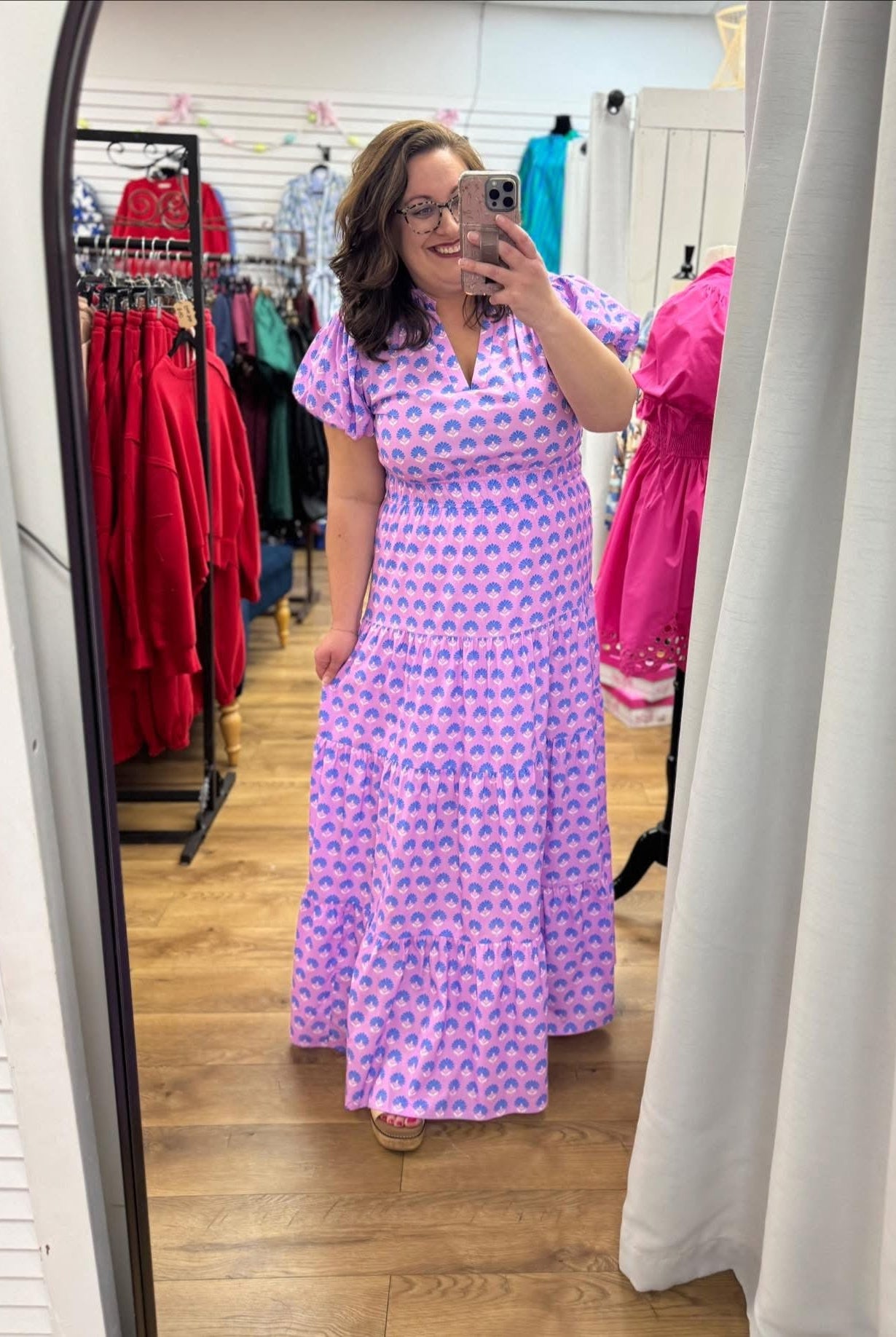 Lavender Botanical Print Midi Dress with Short Puff Sleeves (C) - A'Bekah's Boutique