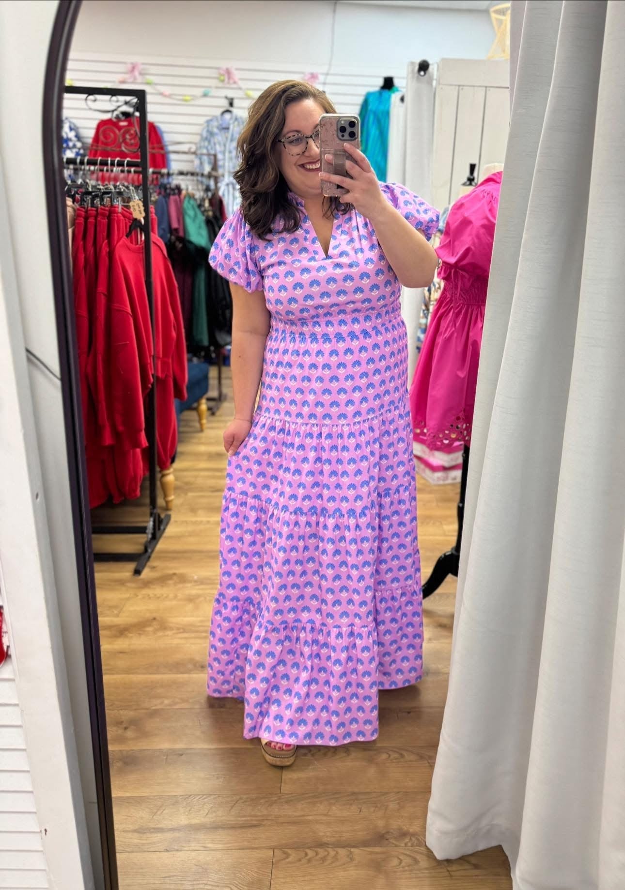 Lavender Botanical Print Midi Dress with Short Puff Sleeves (C) - A'Bekah's Boutique