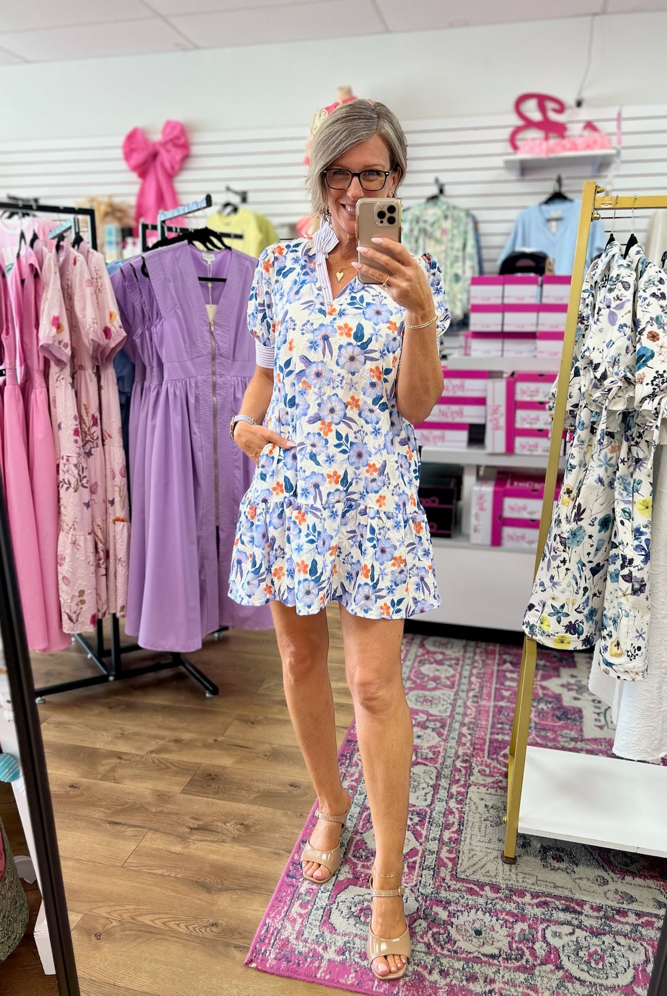 Lavender Floral Jacquard Print Dress with Short Puff Sleeves - A'Bekah's Boutique