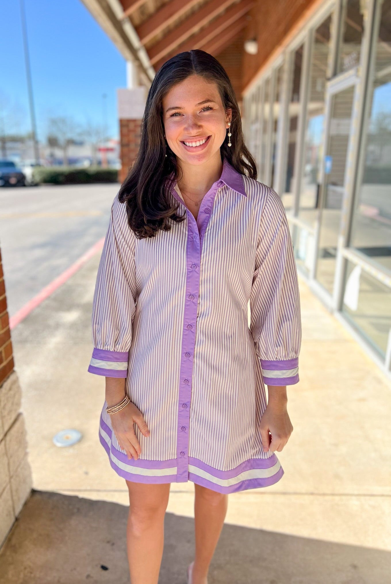 Lavender Striped Button Up Dress with Tie Waist - A'Bekah's Boutique