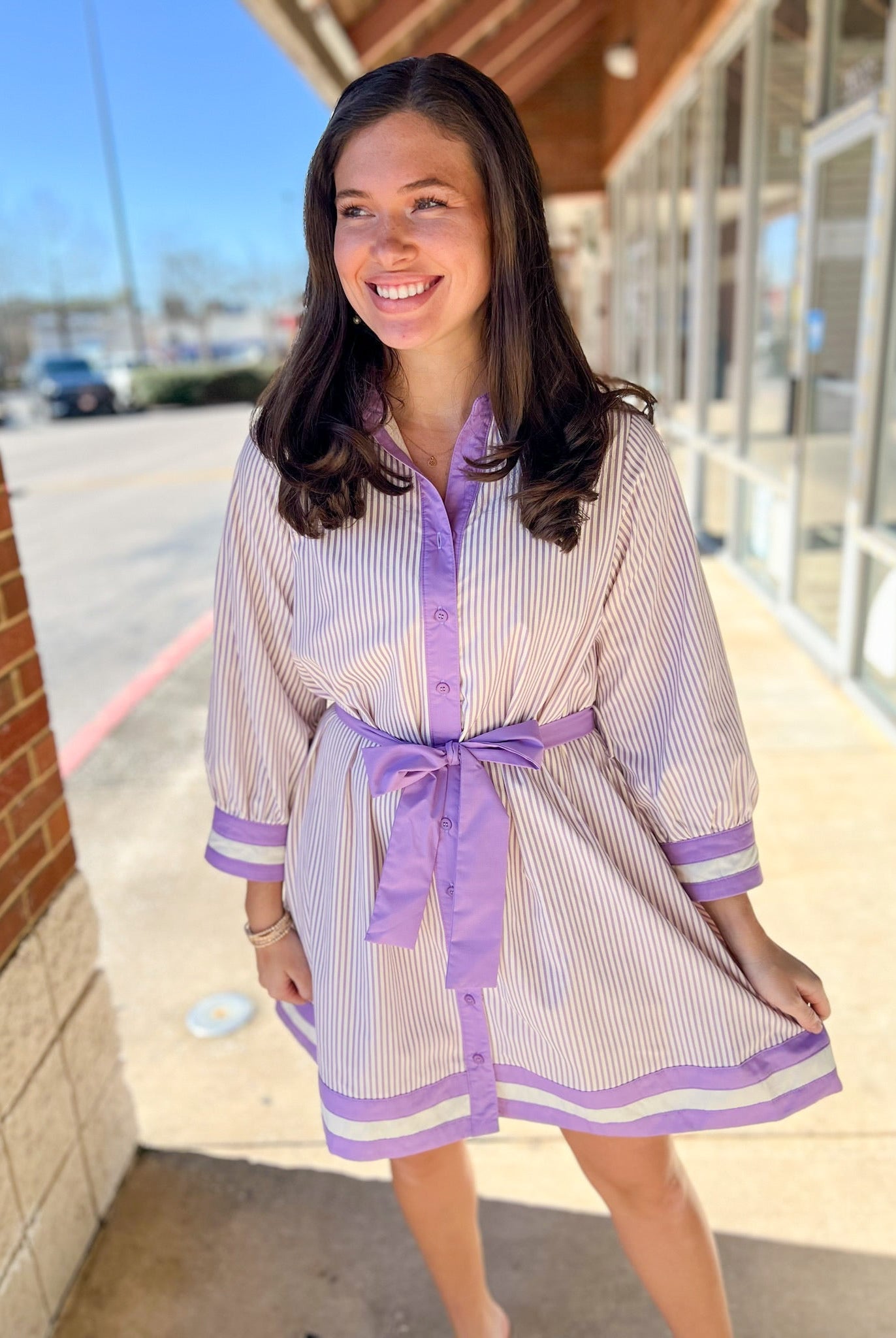 Lavender Striped Button Up Dress with Tie Waist - A'Bekah's Boutique
