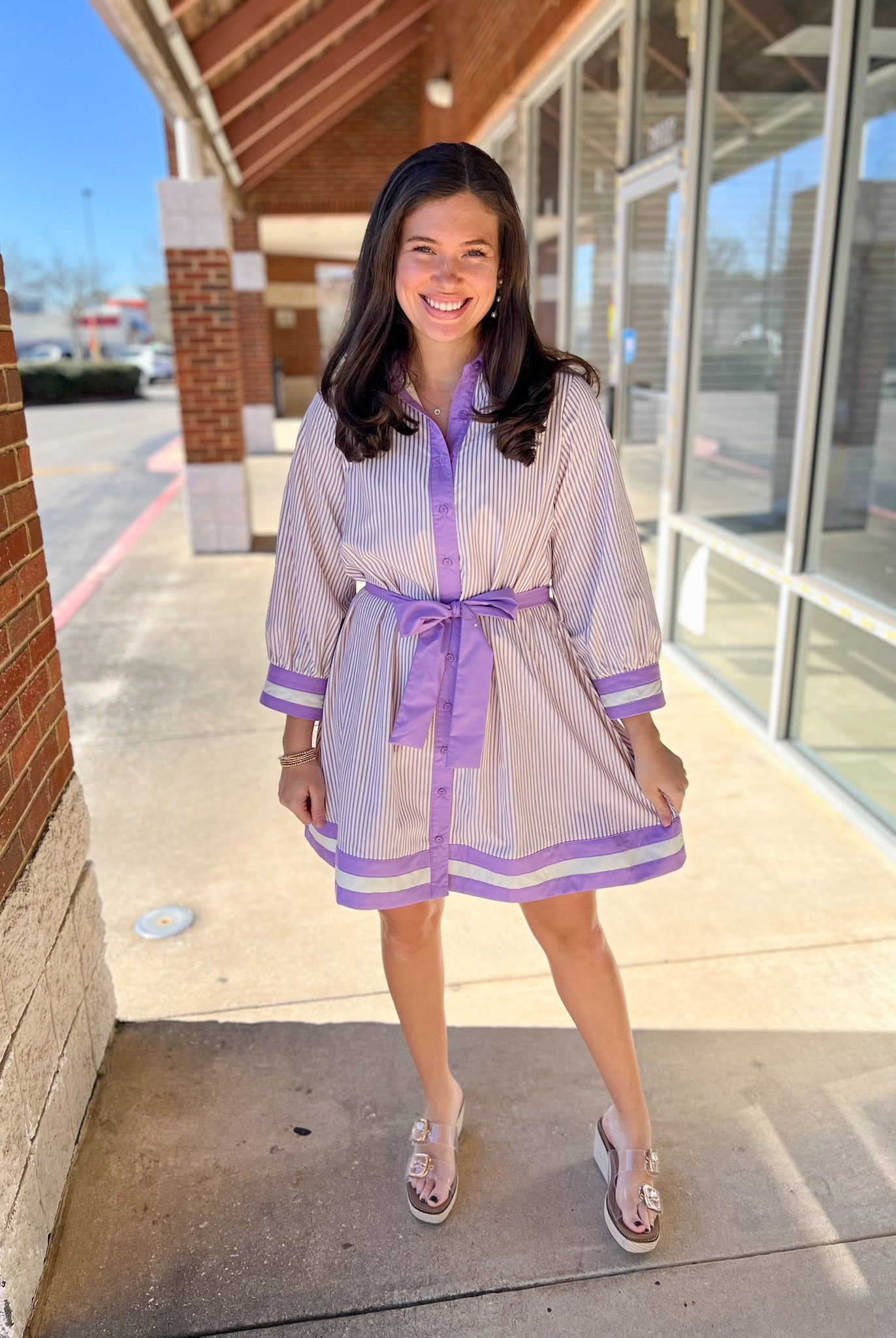 Lavender Striped Button Up Dress with Tie Waist - A'Bekah's Boutique