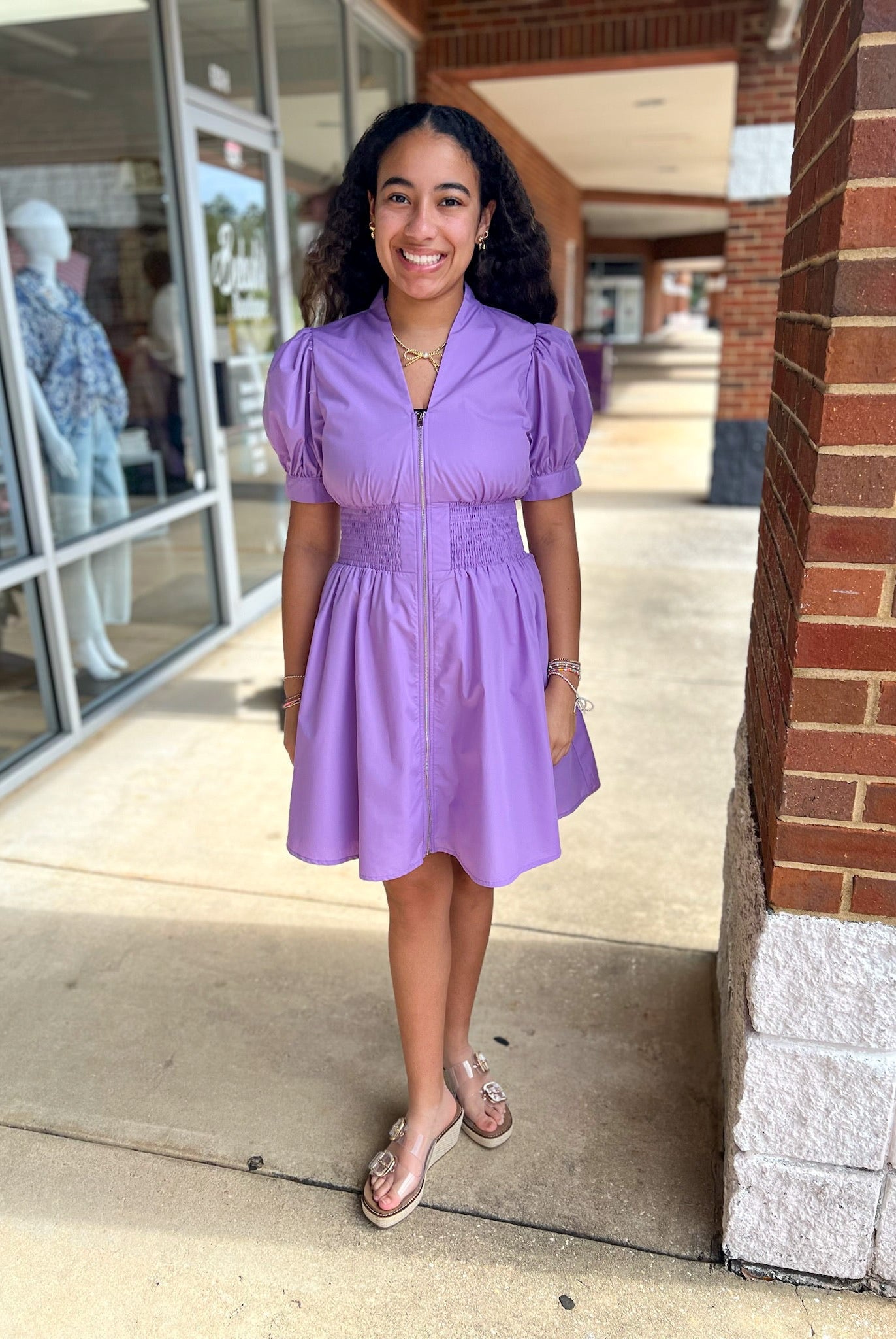 Lavender Zip Front V - Neck Dress with Smocked Waist - A'Bekah's Boutique
