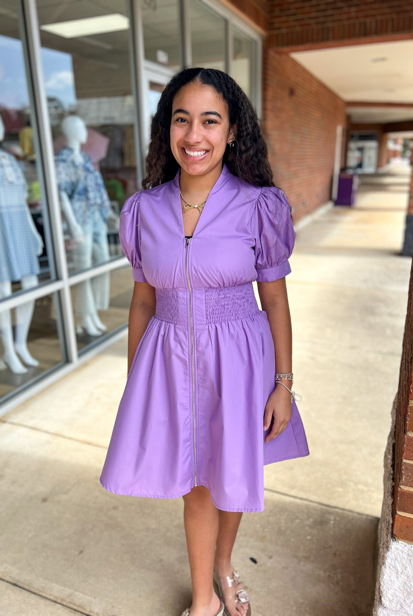 Lavender Zip Front V - Neck Dress with Smocked Waist - A'Bekah's Boutique