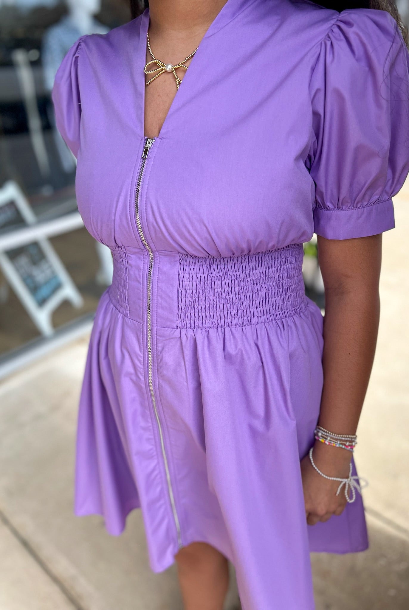 Lavender Zip Front V - Neck Dress with Smocked Waist - A'Bekah's Boutique