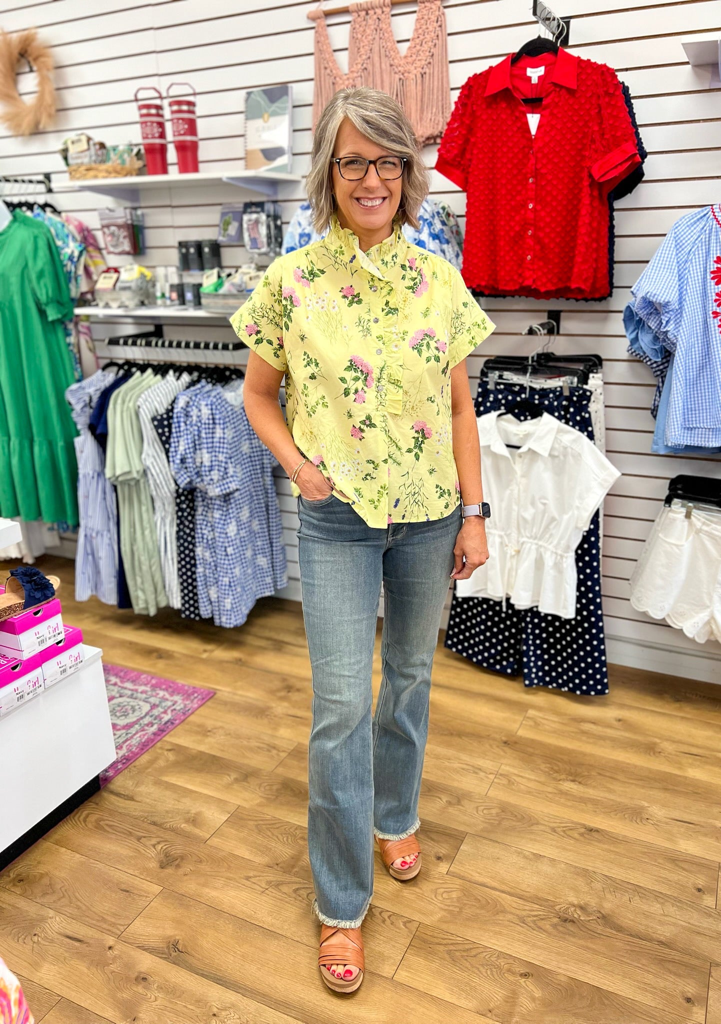 Lemon Yellow Floral Top with Ruffle Trim Neckline - A'Bekah's Boutique