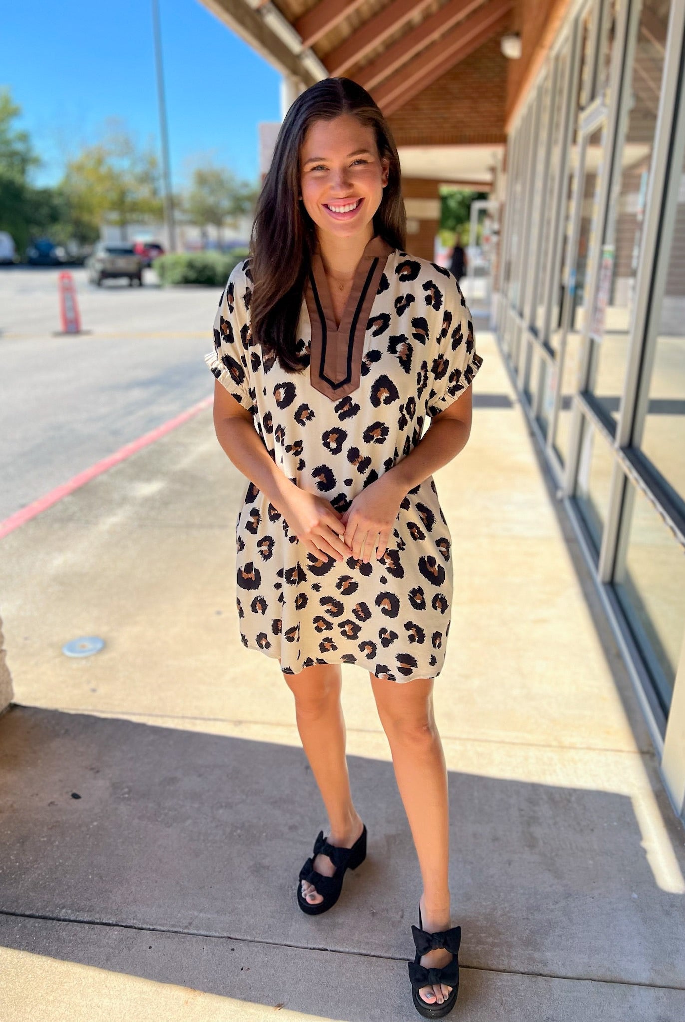 Leopard Print V - Neck Dress with Pockets (R) - A'Bekah's Boutique