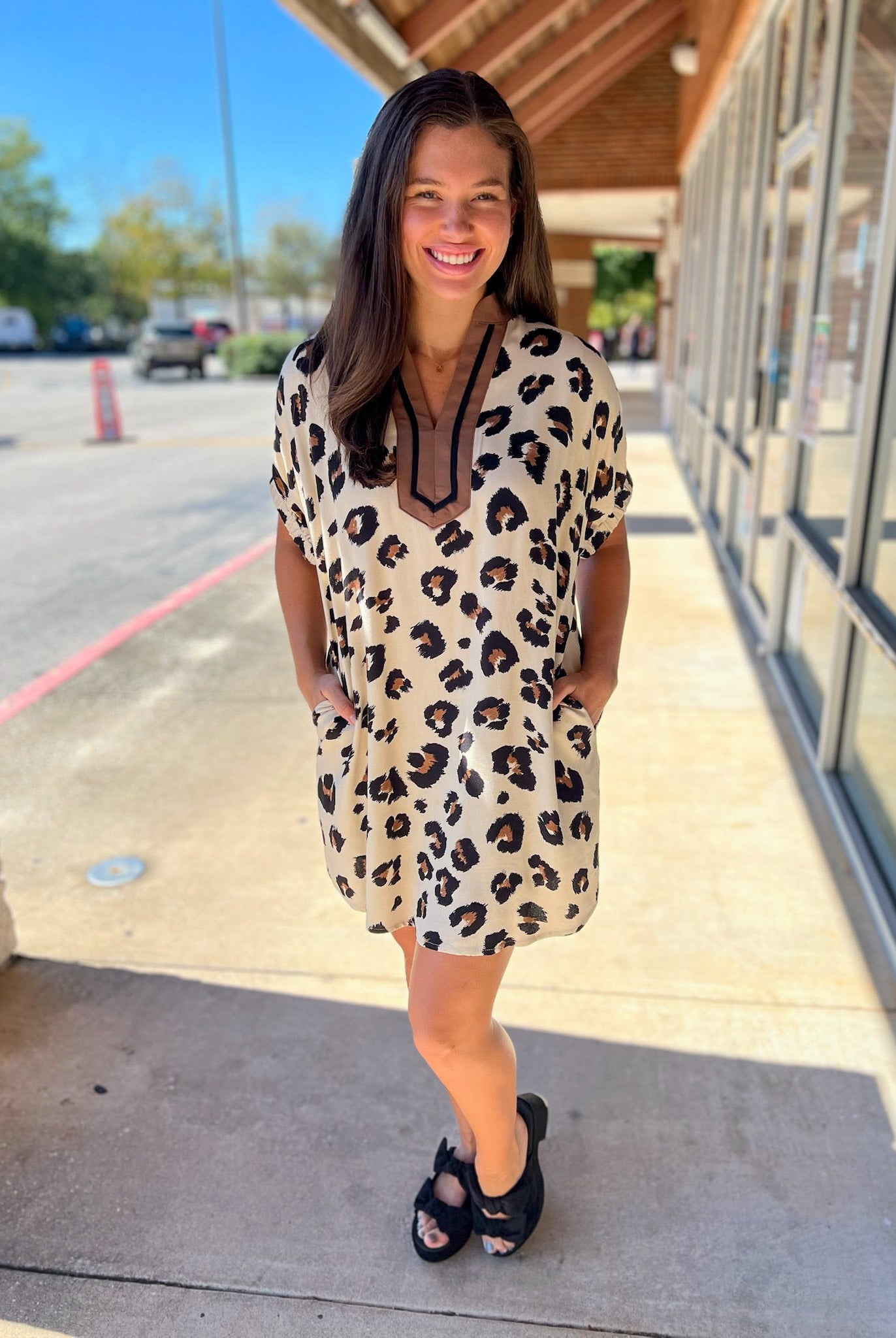 Leopard Print V - Neck Dress with Pockets (R) - A'Bekah's Boutique
