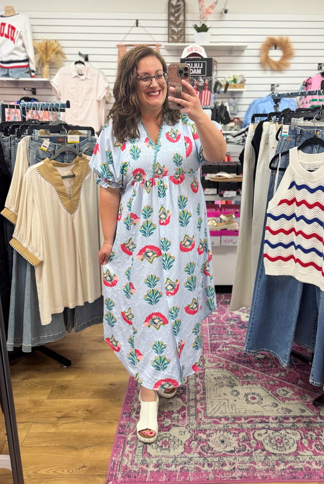 Light Blue Abstract Print Midi Dress with Lace Trim Details - A'Bekah's Boutique