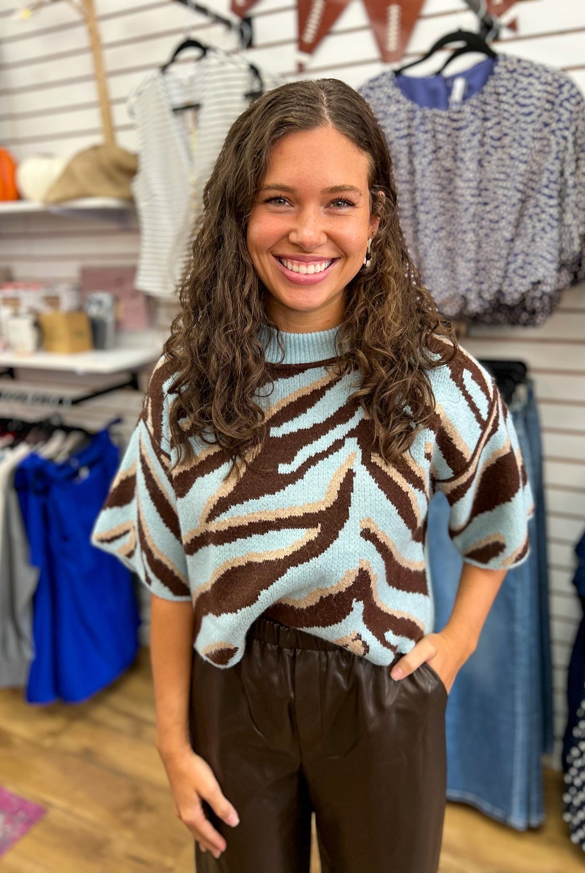 Light Blue Animal Print Sweater with Exposed Seams - A'Bekah's Boutique