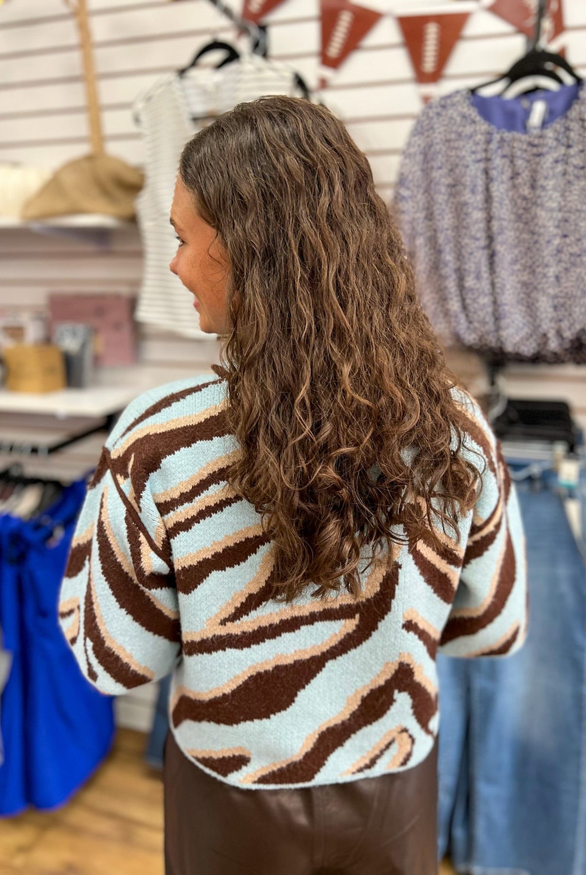Light Blue Animal Print Sweater with Exposed Seams - A'Bekah's Boutique