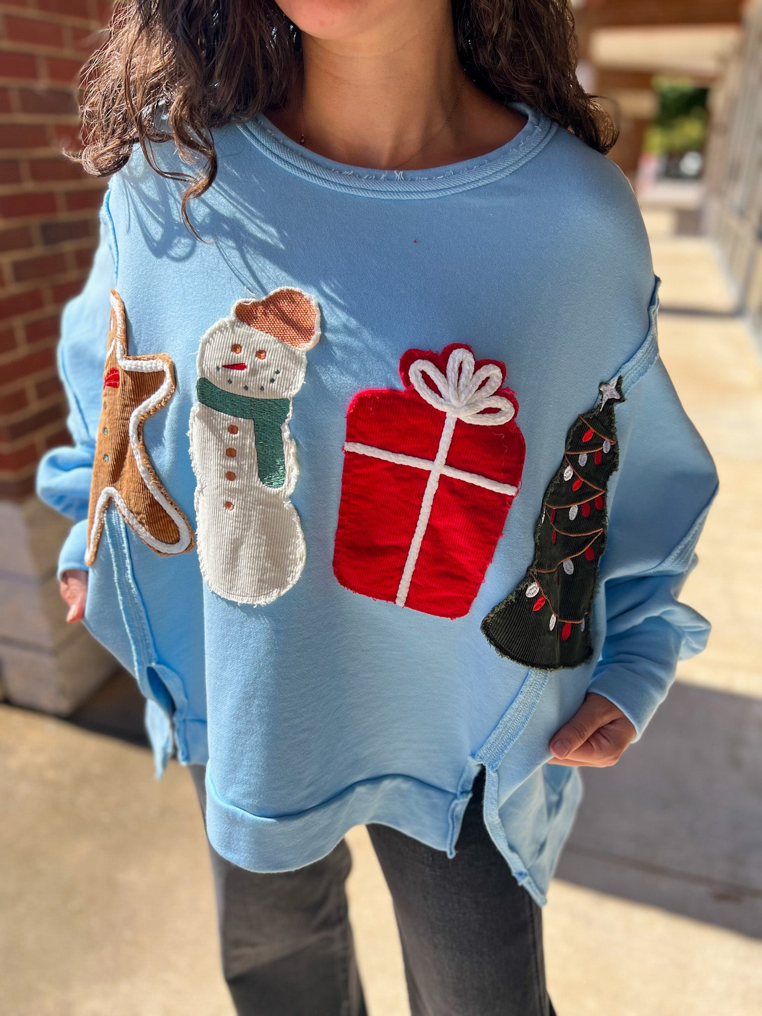 Light Blue Corduroy Christmas Patches French Terry Sweatshirt - A'Bekah's Boutique