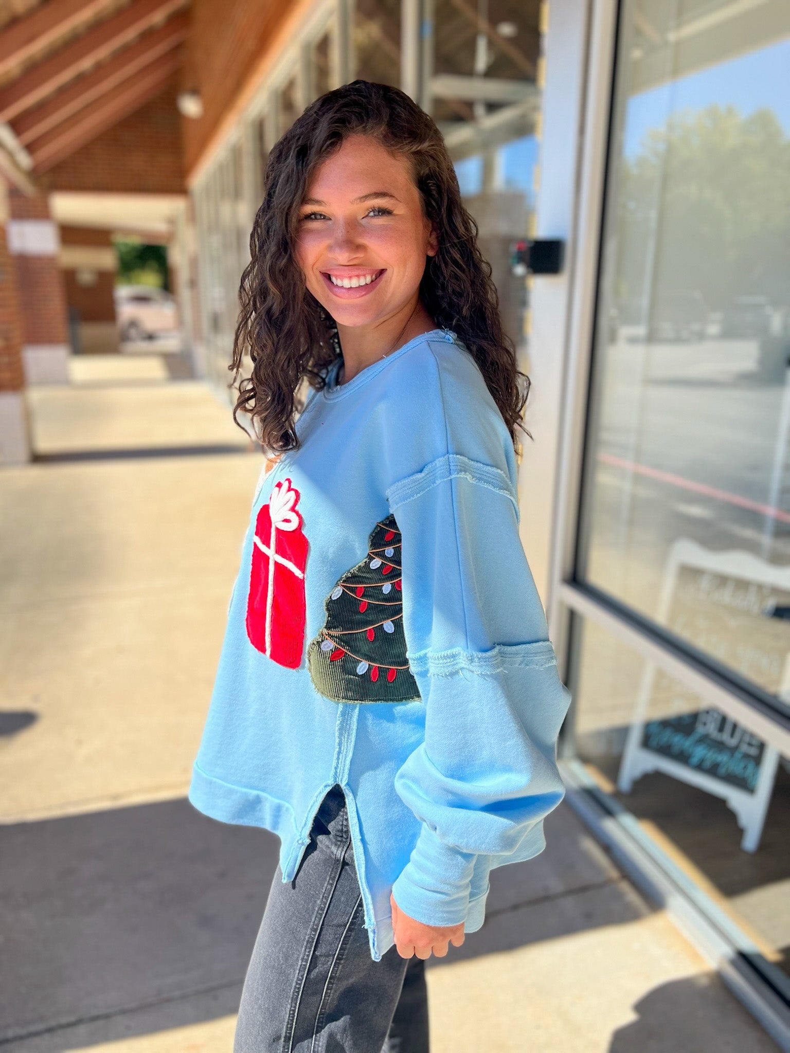 Light Blue Corduroy Christmas Patches French Terry Sweatshirt - A'Bekah's Boutique