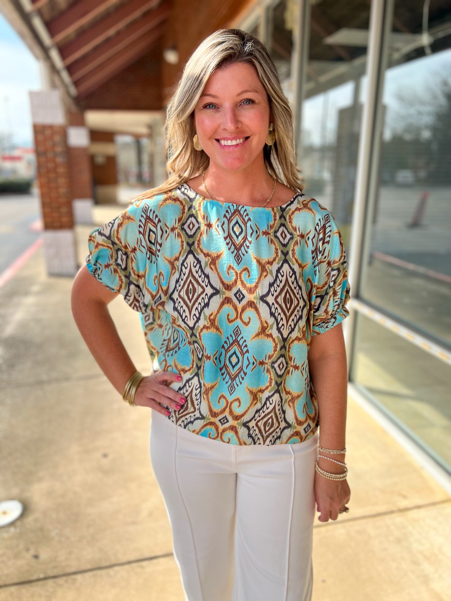 Light Blue Ikat Printed Dolman Sleeve Top - A'Bekah's Boutique