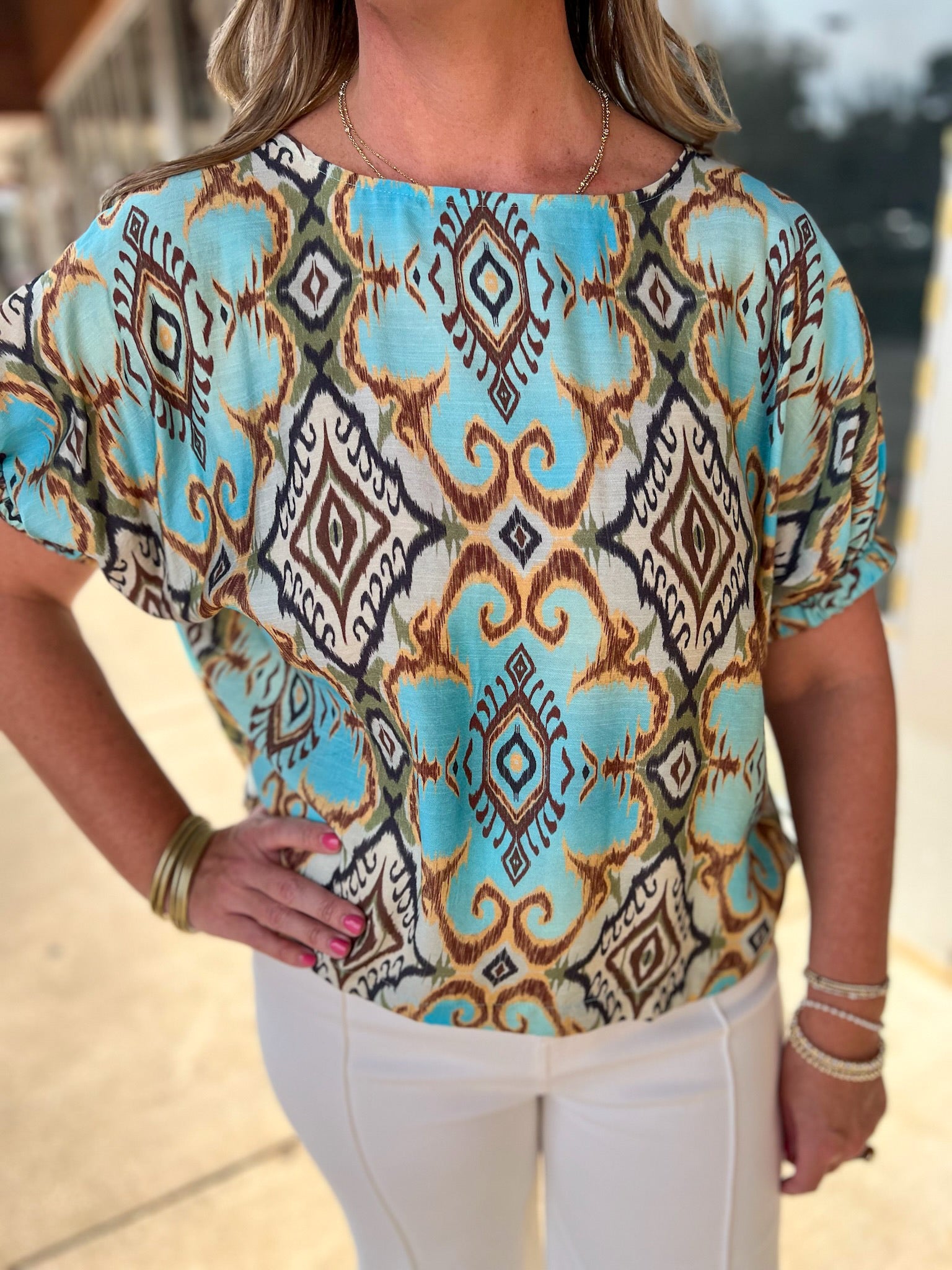 Light Blue Ikat Printed Dolman Sleeve Top - A'Bekah's Boutique