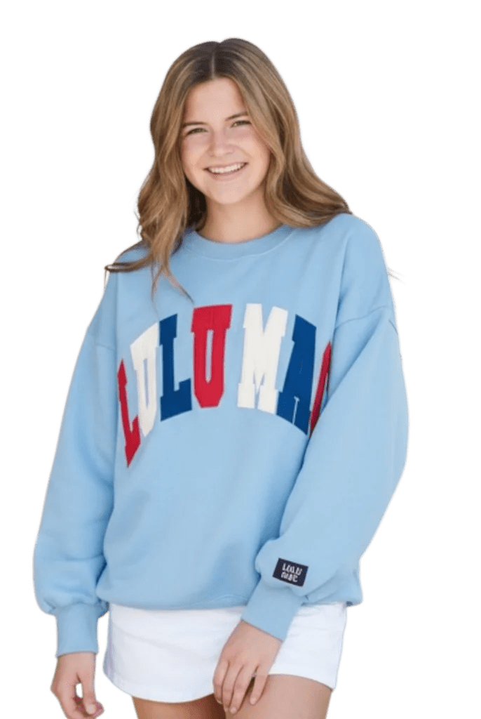 Light Blue Lulu Mac Sweatshirt with Red White and Blue Lettering - A'Bekah's Boutique