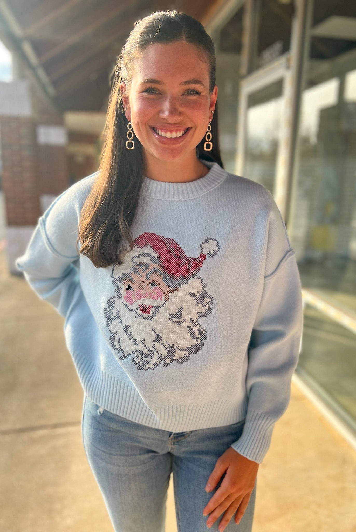 Light Blue Santa Cross Stitch Embroidered Christmas Sweater - A'Bekah's Boutique