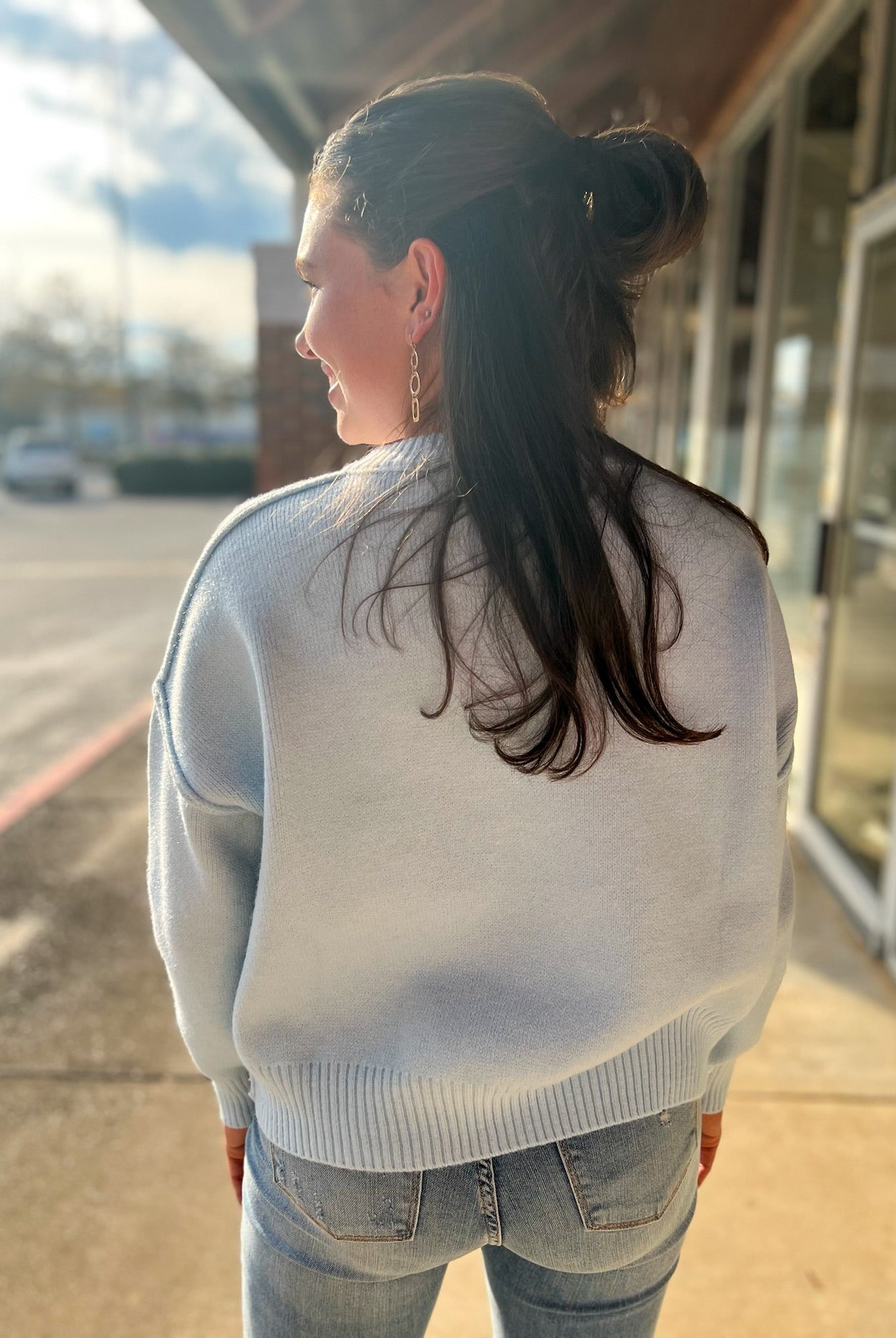 Light Blue Santa Cross Stitch Embroidered Christmas Sweater - A'Bekah's Boutique