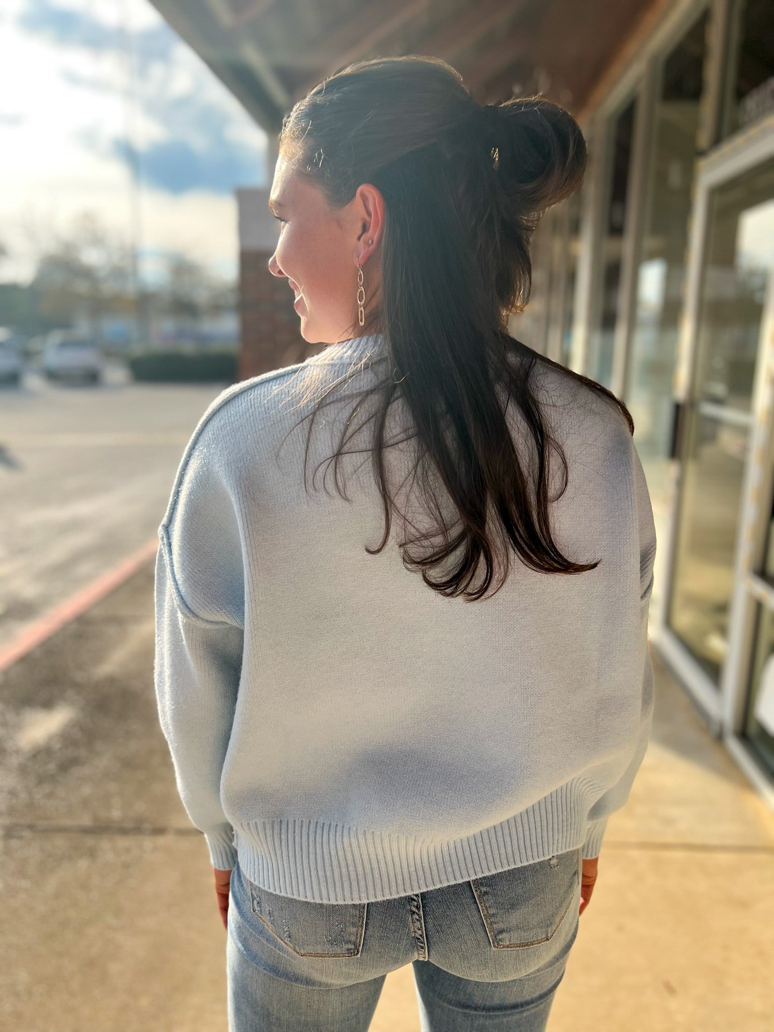 Light Blue Santa Cross Stitch Embroidered Christmas Sweater - A'Bekah's Boutique