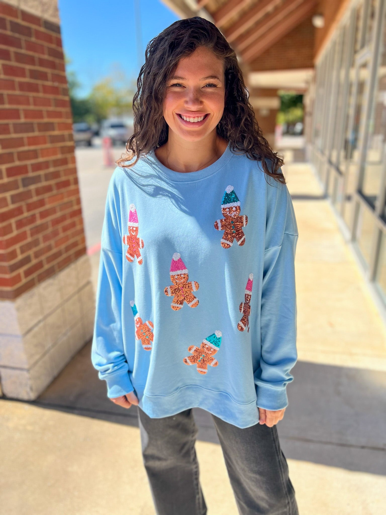Light Blue Sequin Gingerbread Man Oversized Sweatshirt - A'Bekah's Boutique
