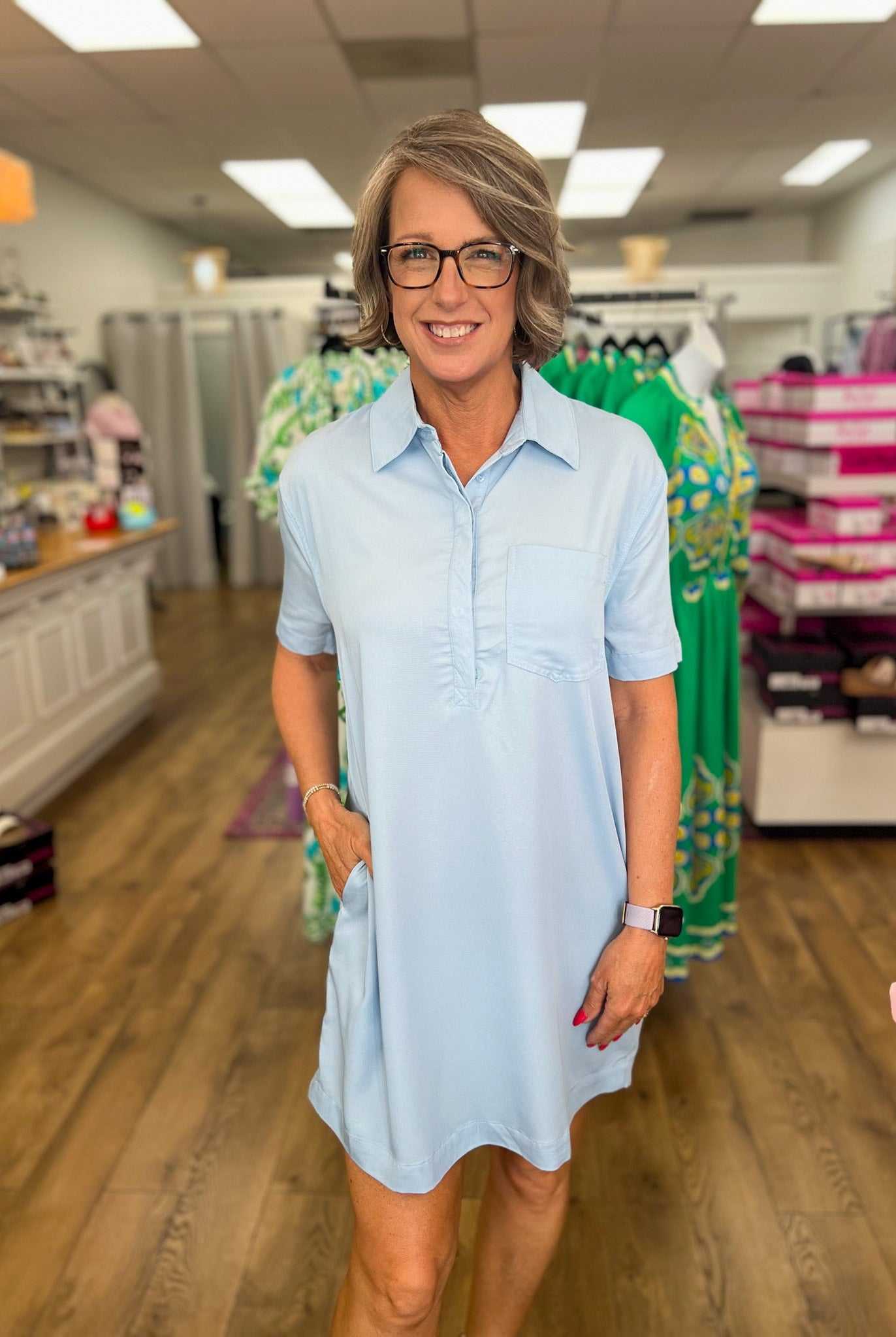 Light Blue Short Sleeve Shirt Dress with Chest Pocket - A'Bekah's Boutique