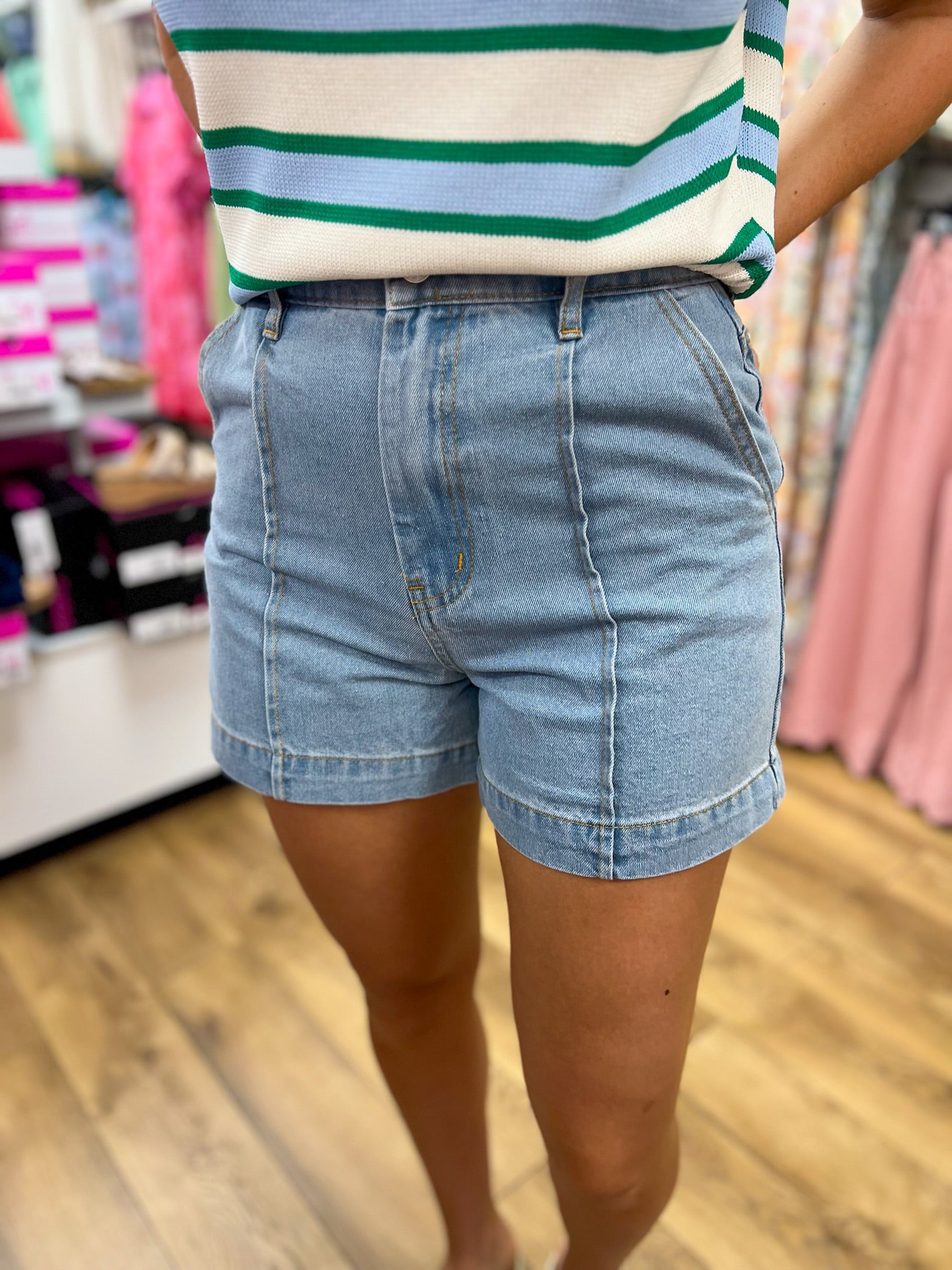 Light Blue Shorts with Front Seam Detail - A'Bekah's Boutique