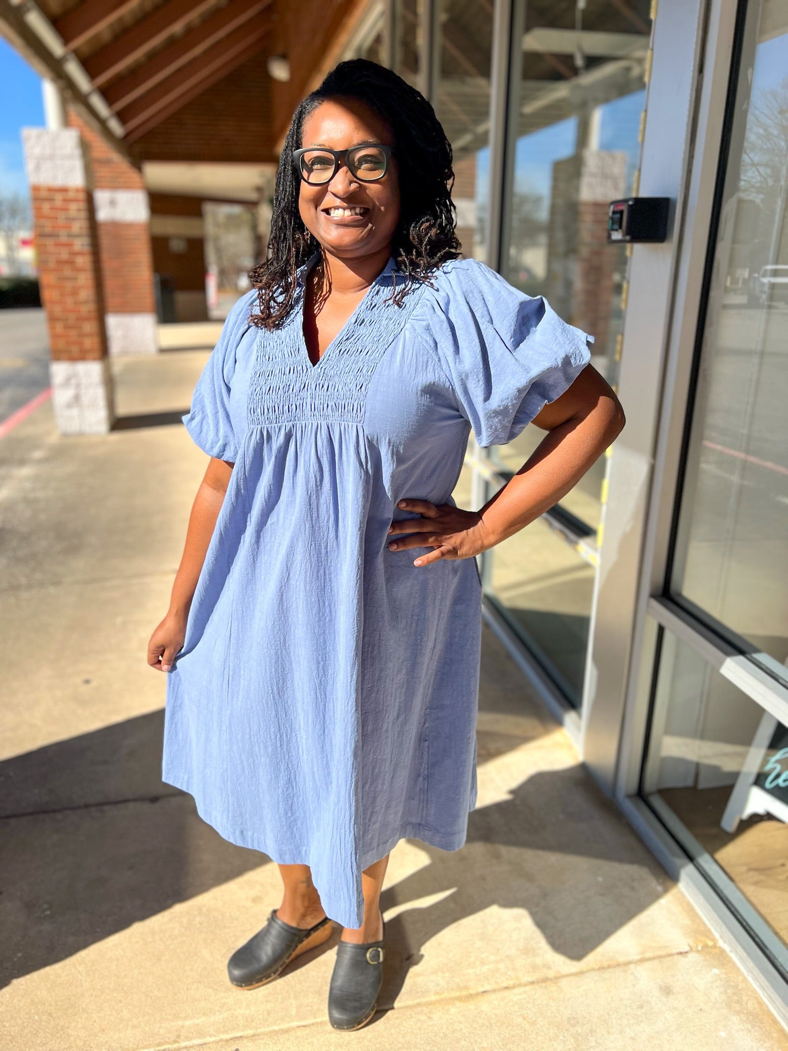Light Blue Smocked V - Neck Midi Dress with Short Puff Sleeves (C) - A'Bekah's Boutique