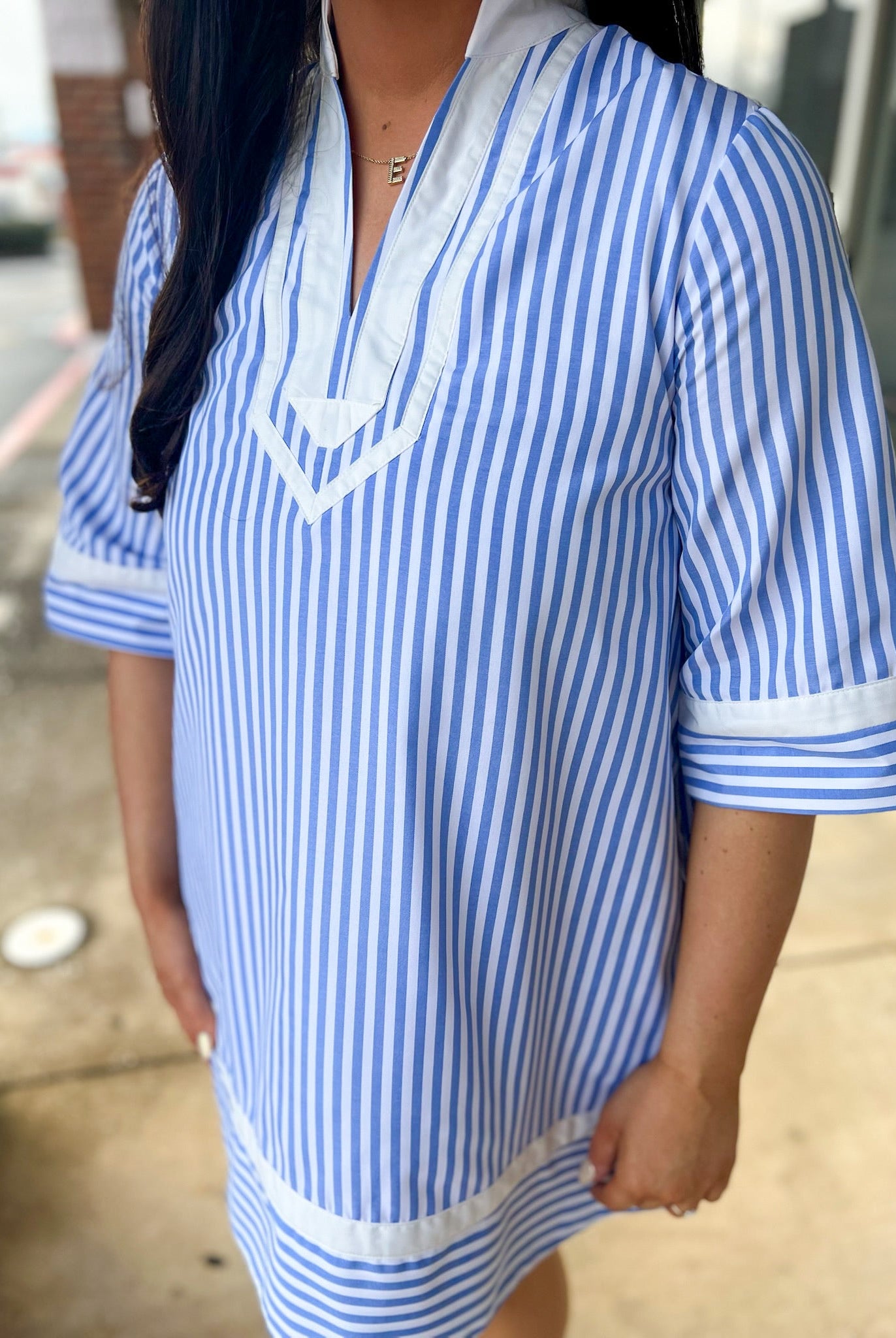 Light Blue Striped V - Neck Dress with Contrast Trim - A'Bekah's Boutique