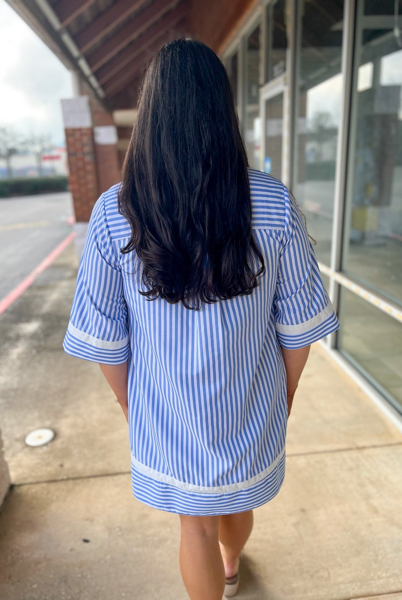 Light Blue Striped V - Neck Dress with Contrast Trim - A'Bekah's Boutique