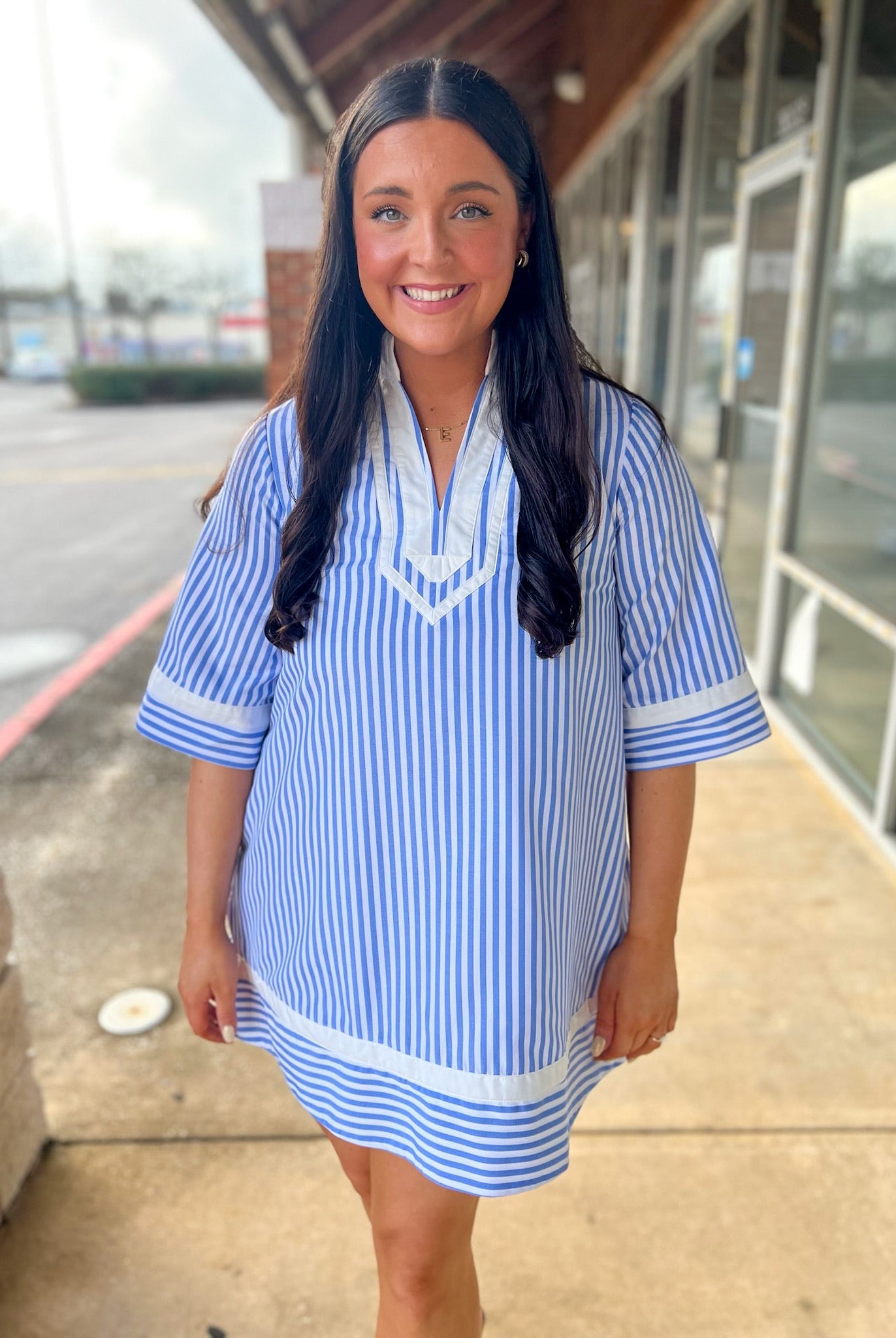 Light Blue Striped V - Neck Dress with Contrast Trim - A'Bekah's Boutique