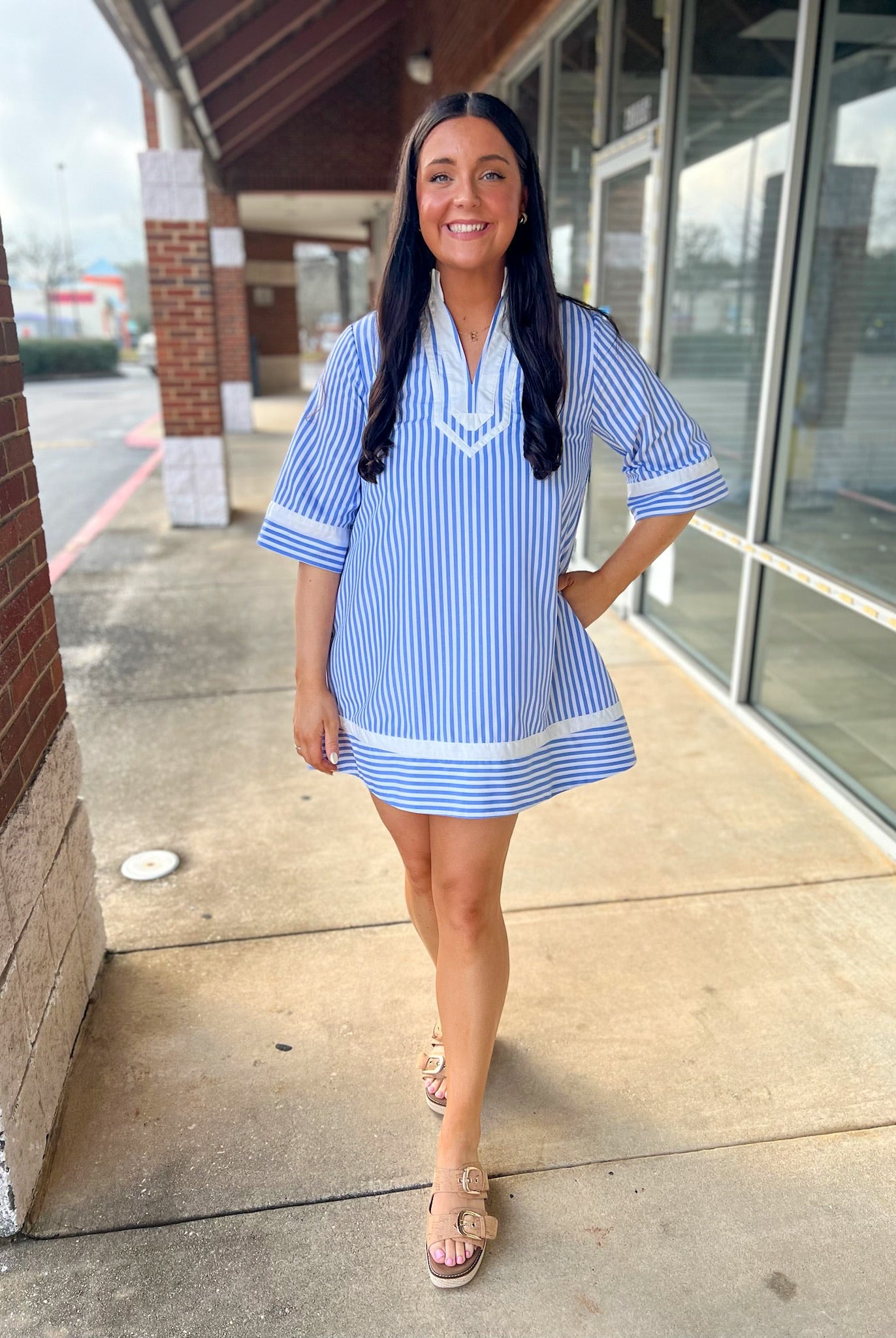 Light Blue Striped V - Neck Dress with Contrast Trim - A'Bekah's Boutique