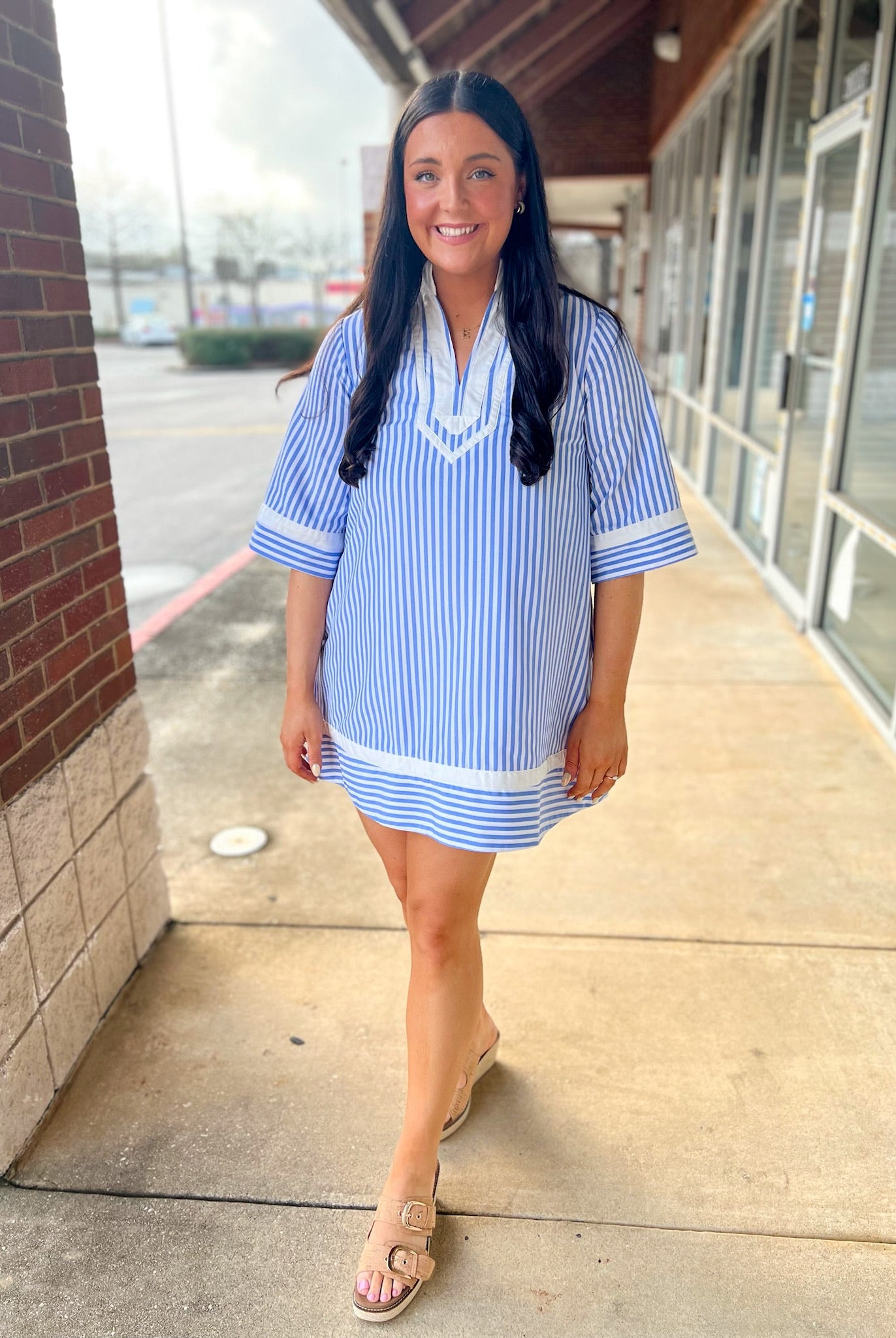 Light Blue Striped V - Neck Dress with Contrast Trim - A'Bekah's Boutique