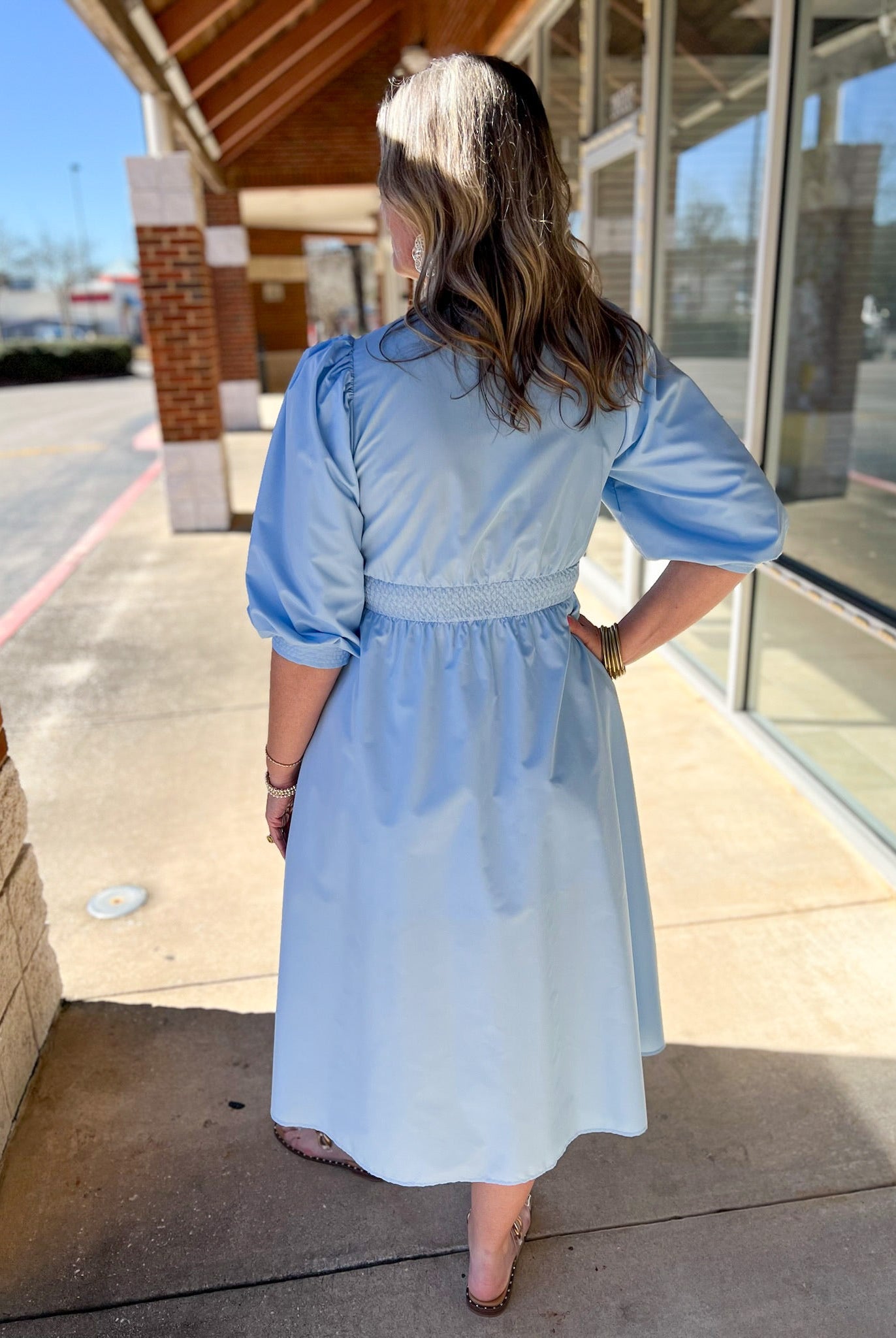 Light Blue Zip Front Midi Dress with Smocked Waist - A'Bekah's Boutique