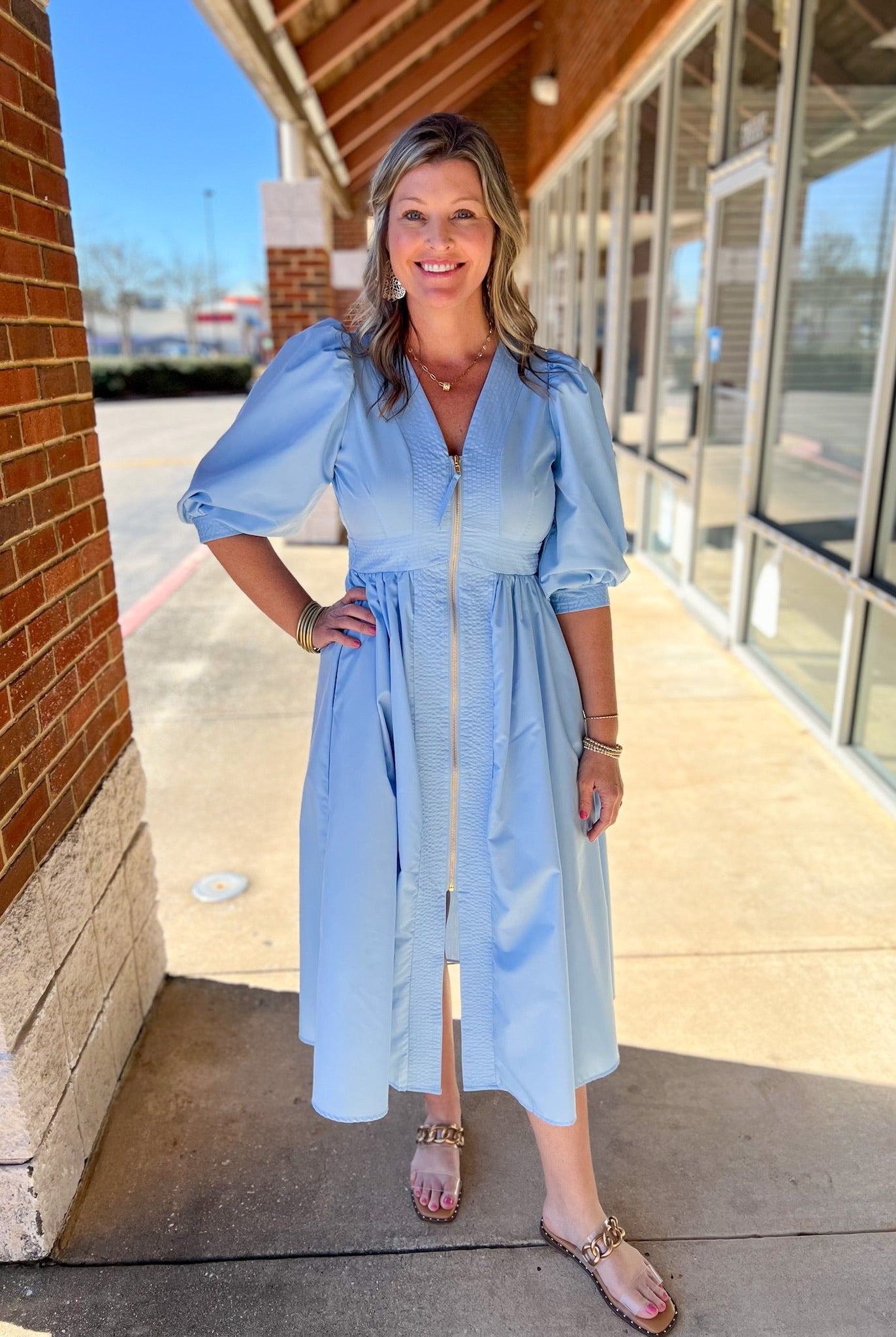 Light Blue Zip Front Midi Dress with Smocked Waist - A'Bekah's Boutique