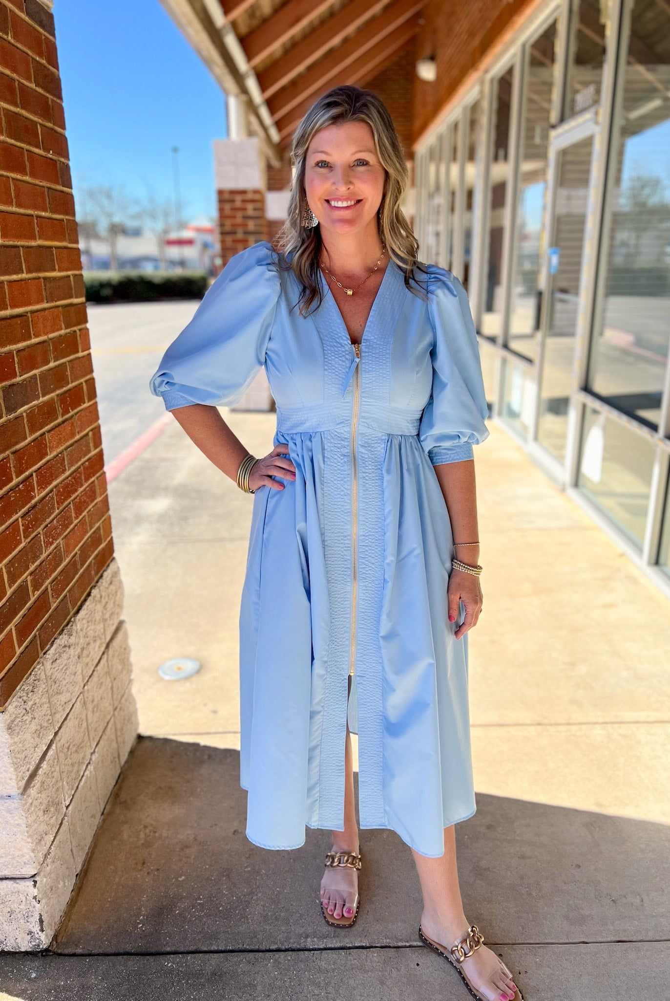 Light Blue Zip Front Midi Dress with Smocked Waist - A'Bekah's Boutique