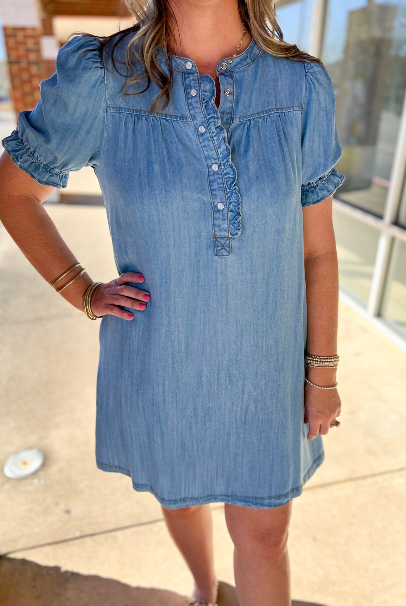 Light Denim Dress with Front Button Details and Pockets - A'Bekah's Boutique