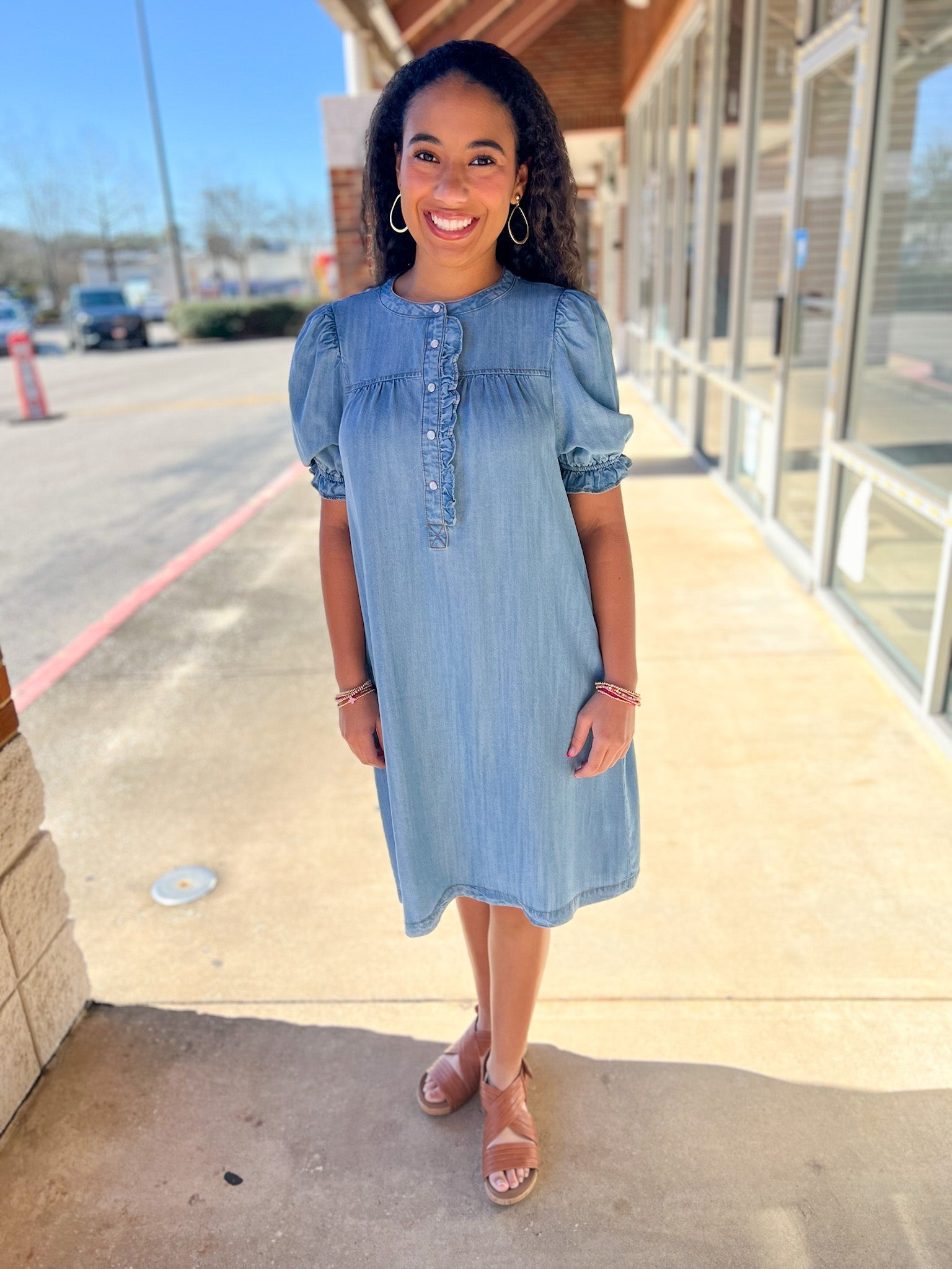 Light Denim Dress with Front Button Details and Pockets - A'Bekah's Boutique