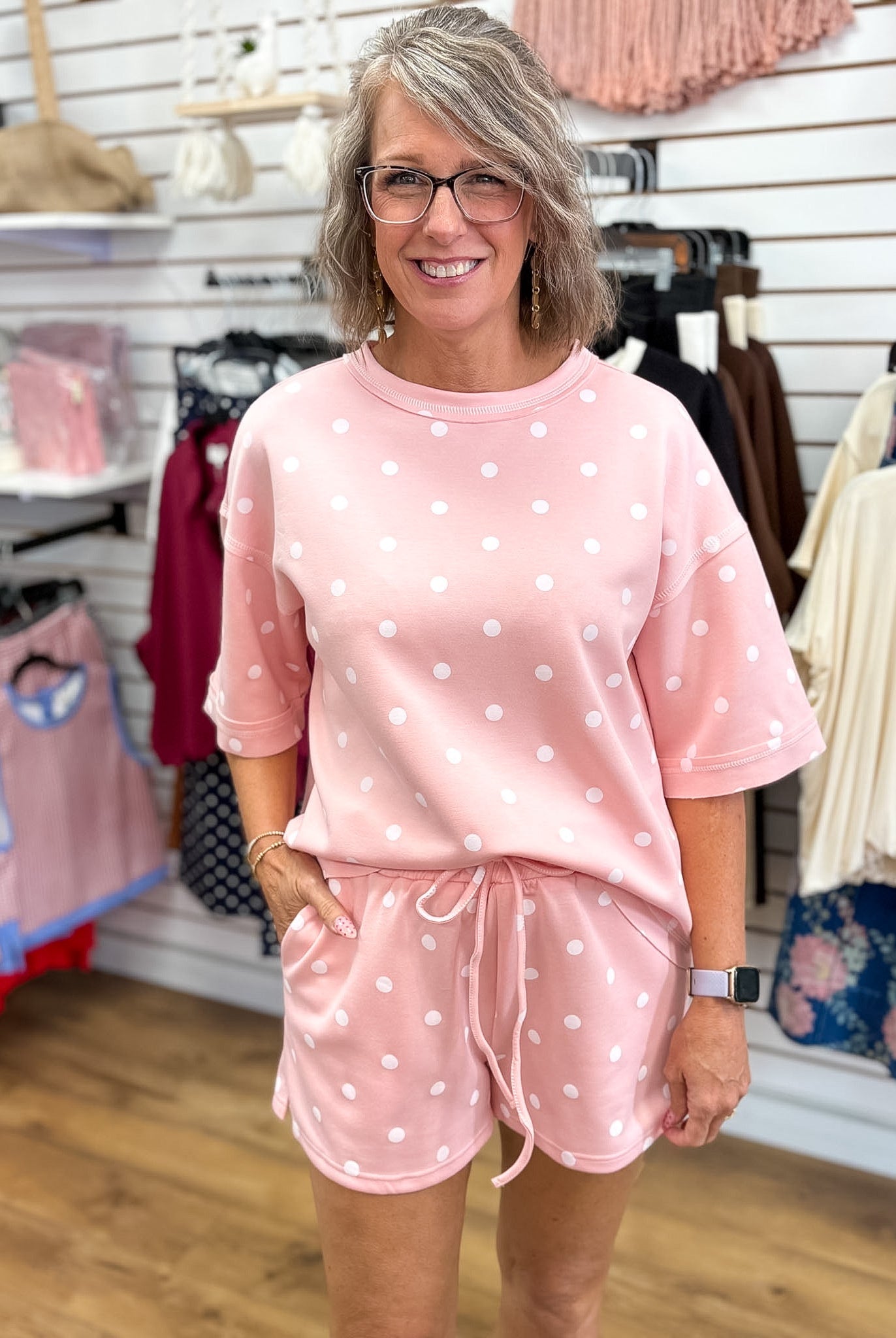 Light Pink and White Polka Dot Heavy Scuba Top and Shorts Set - A'Bekah's Boutique