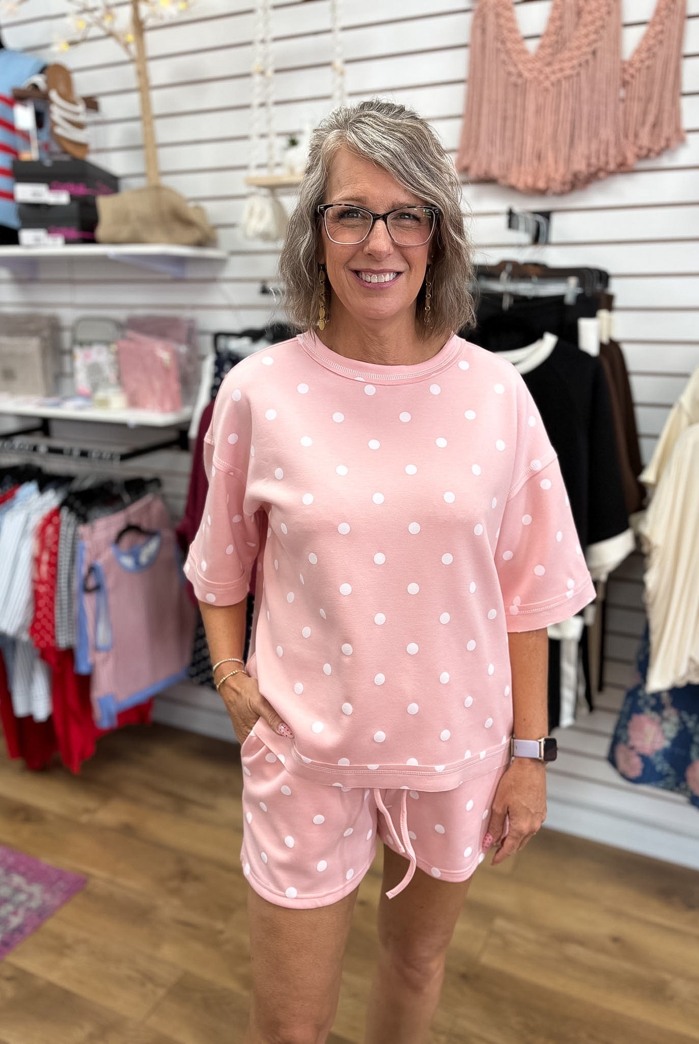 Light Pink and White Polka Dot Heavy Scuba Top and Shorts Set - A'Bekah's Boutique