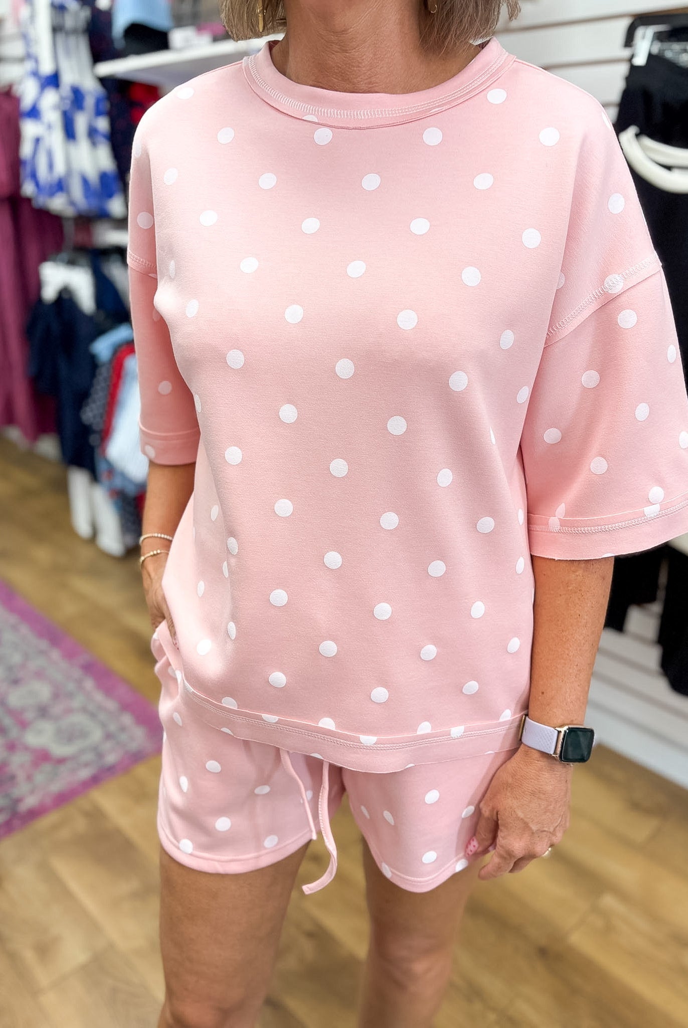 Light Pink and White Polka Dot Heavy Scuba Top and Shorts Set - A'Bekah's Boutique