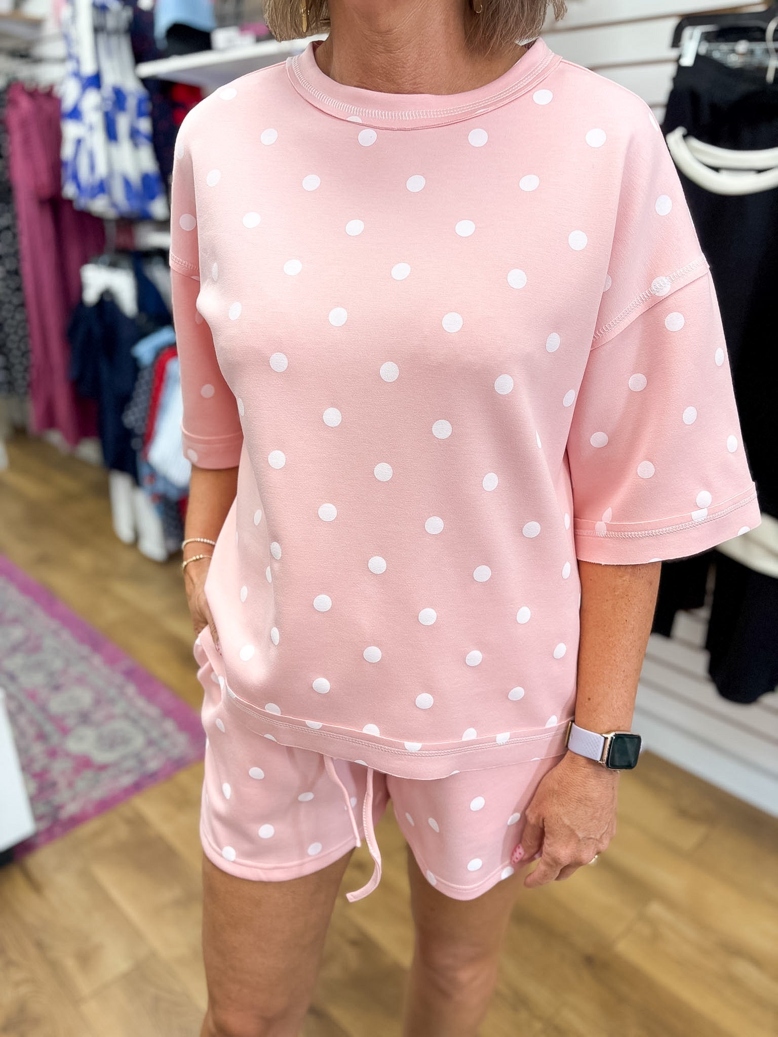 Light Pink and White Polka Dot Heavy Scuba Top and Shorts Set - A'Bekah's Boutique