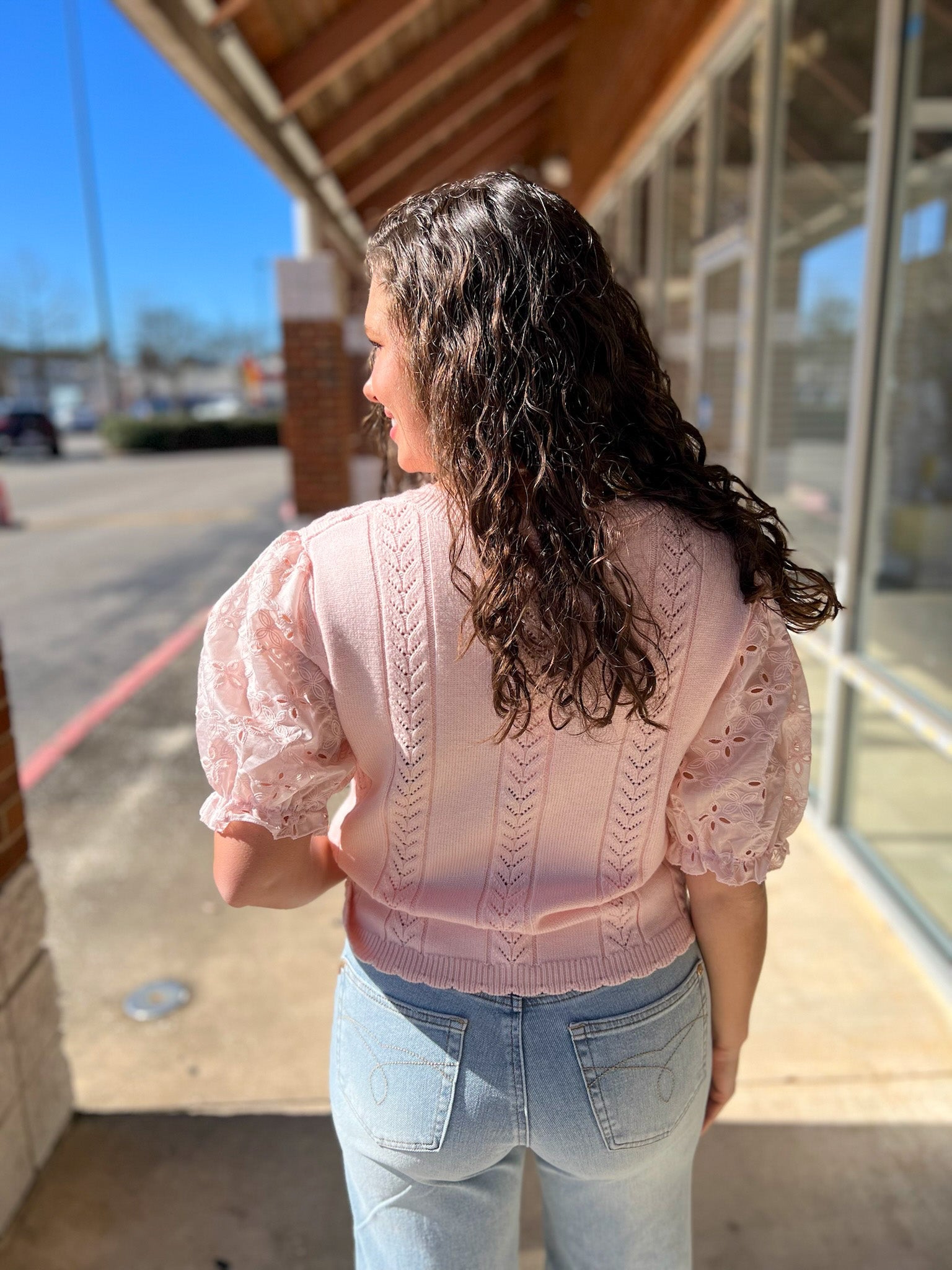 Light Pink Cable Knit Sweater with Eyelet Short Puff Sleeves - A'Bekah's Boutique
