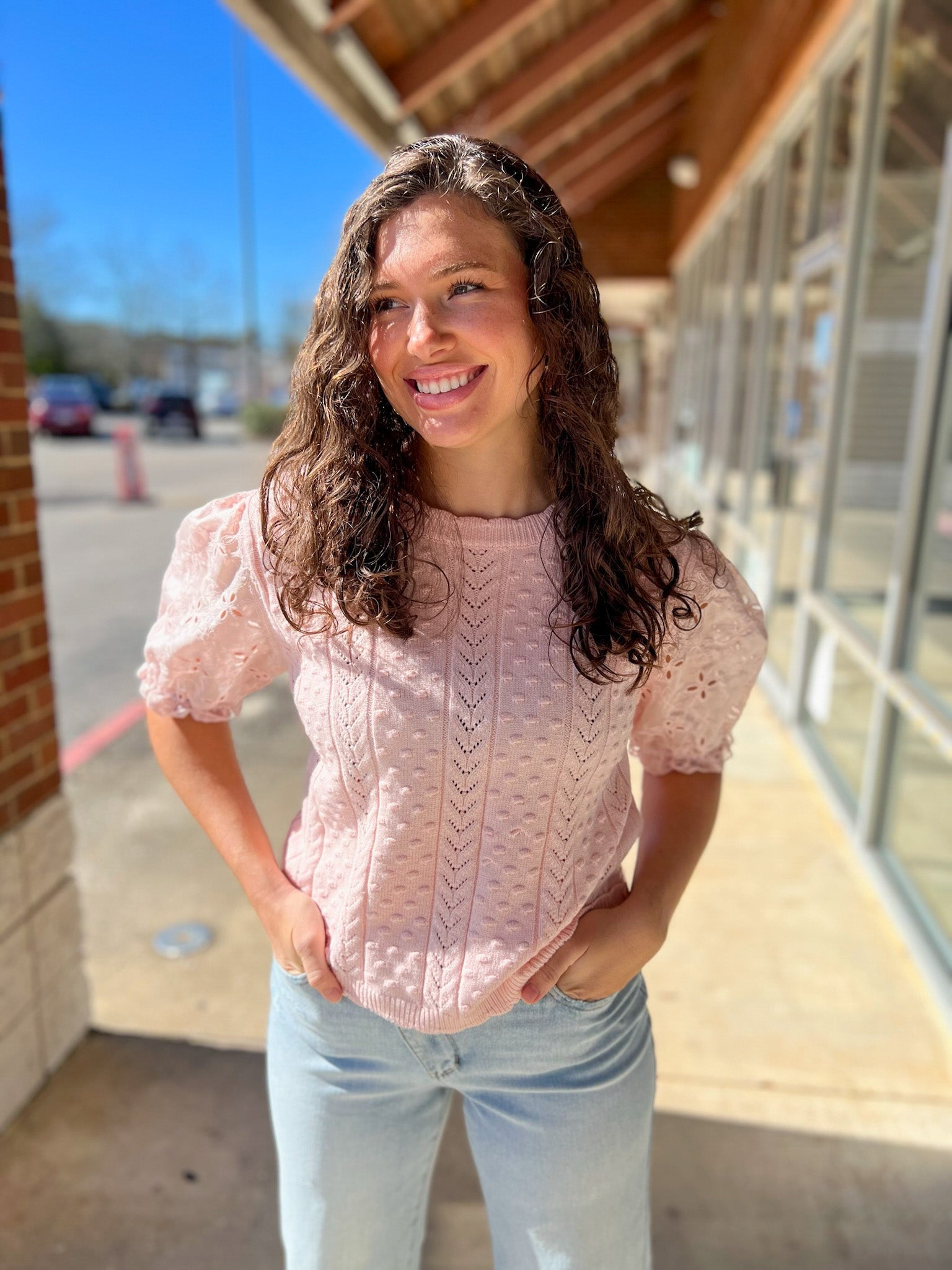 Light Pink Cable Knit Sweater with Eyelet Short Puff Sleeves - A'Bekah's Boutique