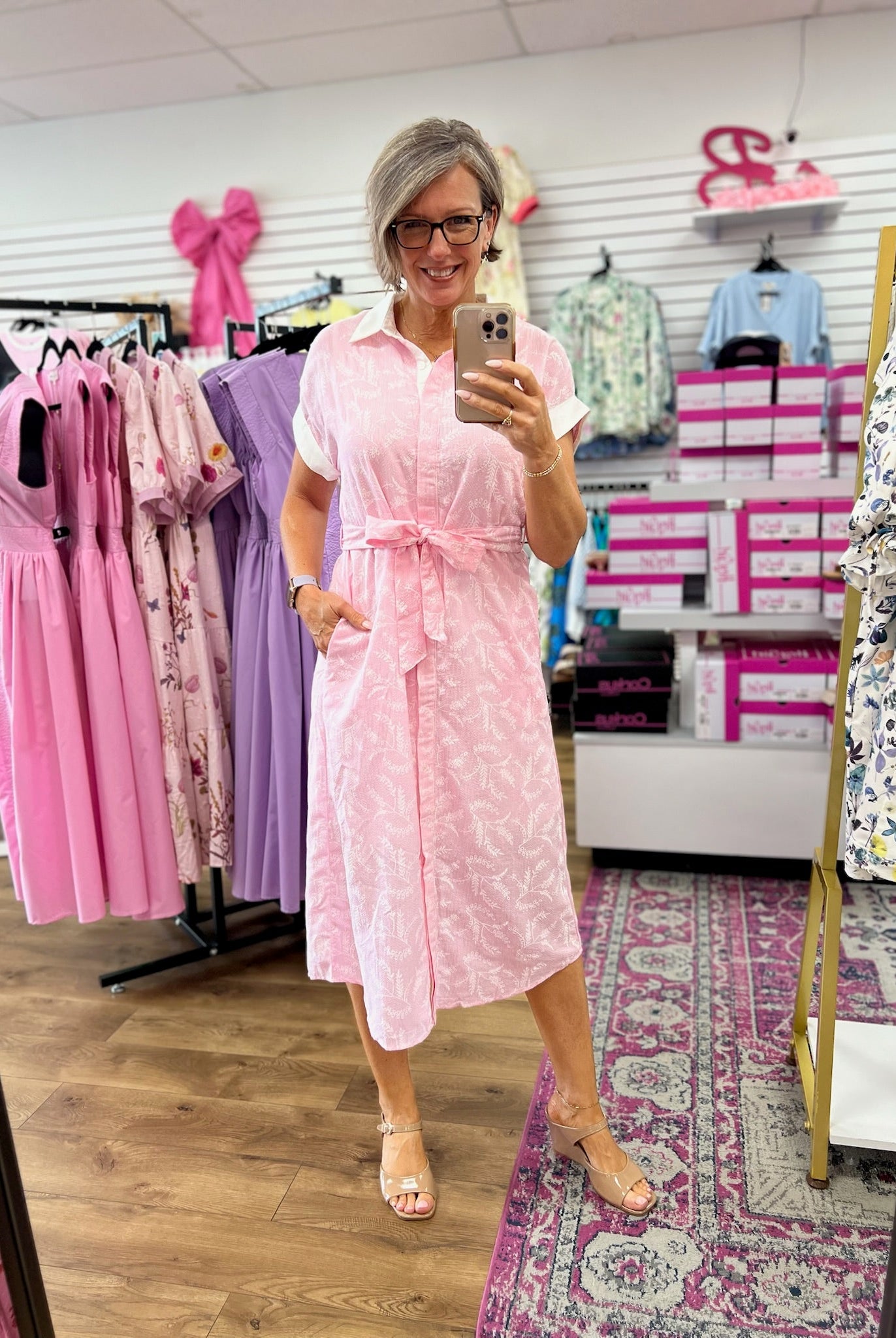 Light Pink Contrast Striped Midi Dress with Tie Waist - A'Bekah's Boutique