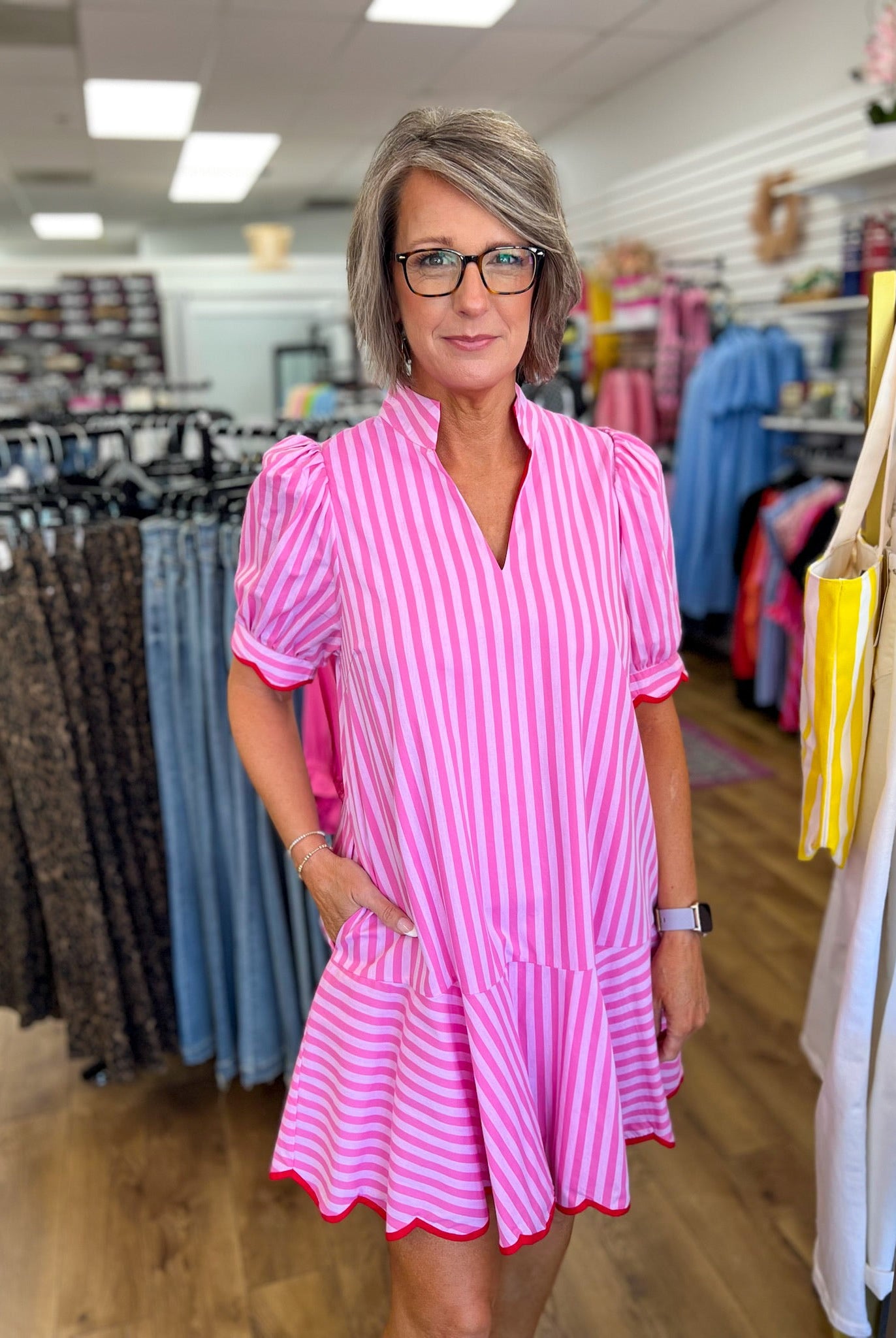 Light Pink Striped V - Neck Dress with Scallop Trim - A'Bekah's Boutique