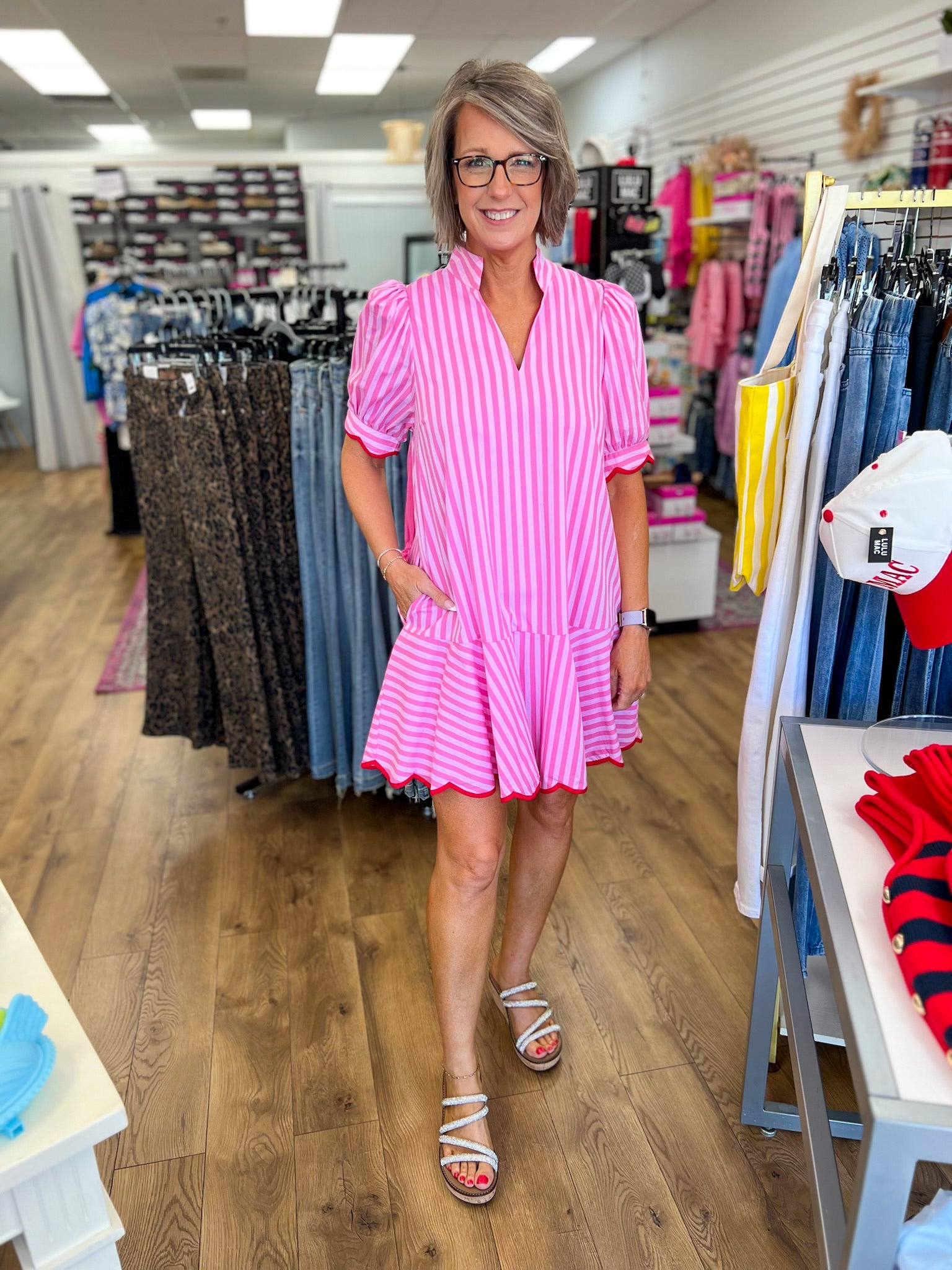 Light Pink Striped V - Neck Dress with Scallop Trim - A'Bekah's Boutique