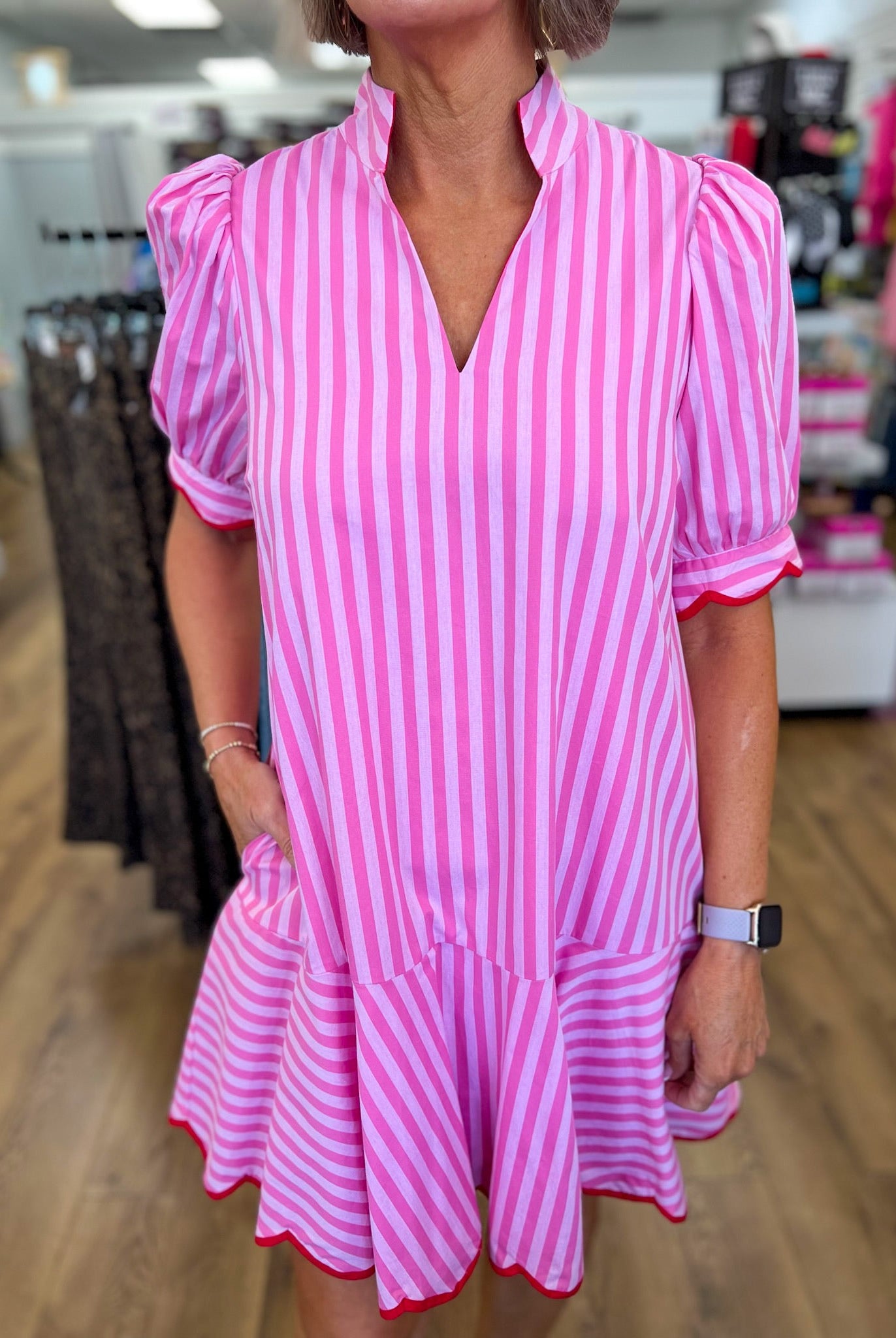 Light Pink Striped V - Neck Dress with Scallop Trim - A'Bekah's Boutique