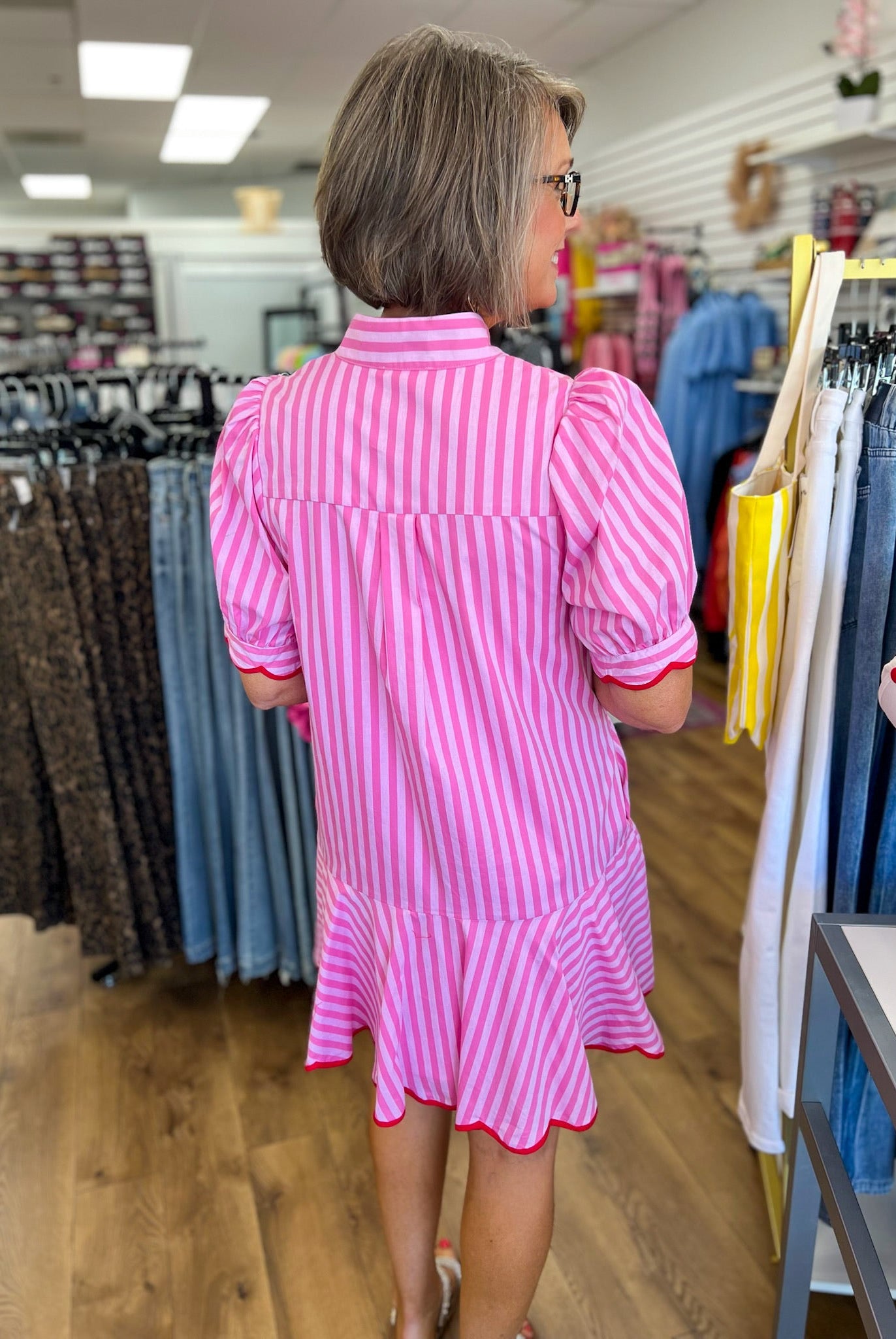 Light Pink Striped V - Neck Dress with Scallop Trim - A'Bekah's Boutique