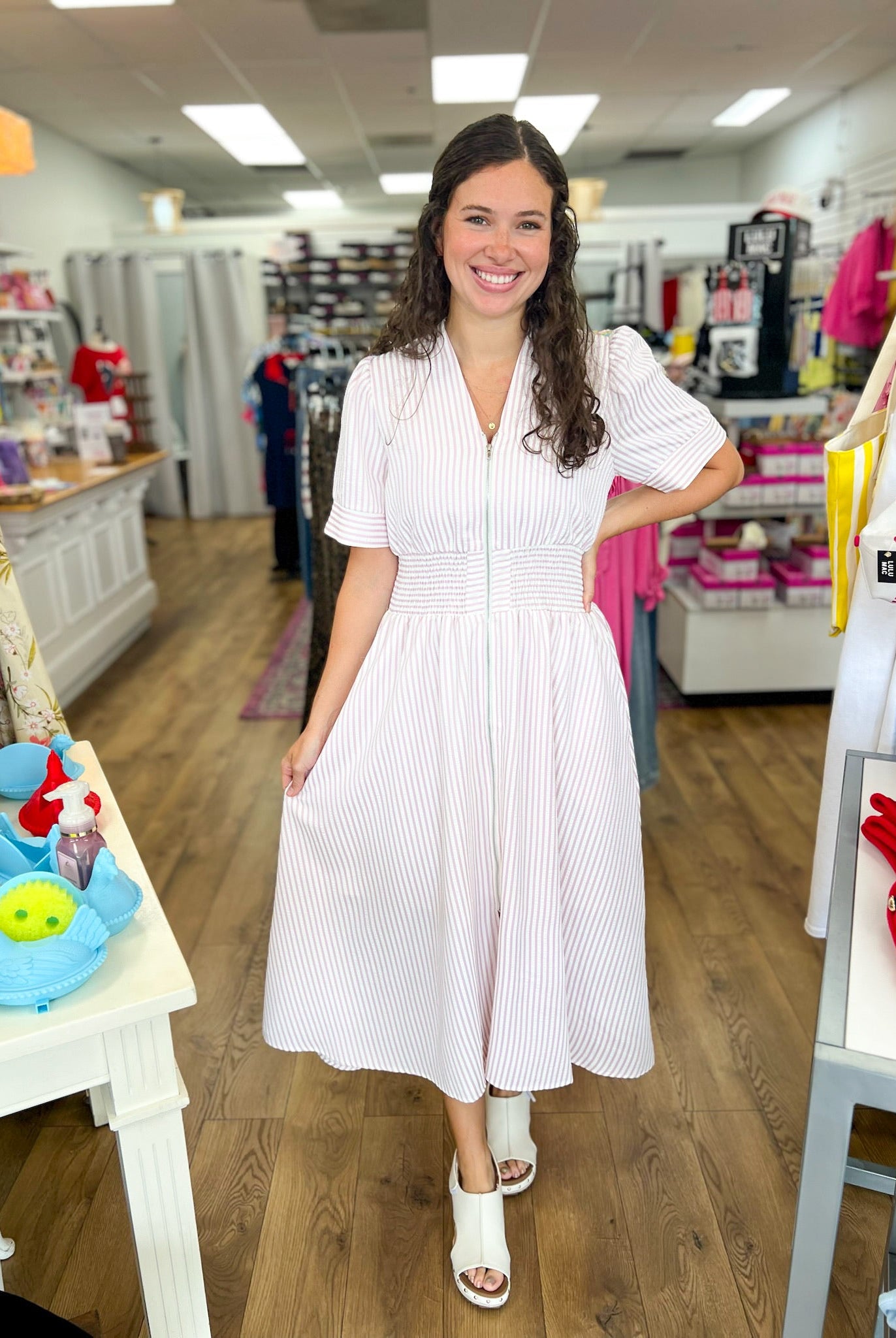 Light Pink Striped Zip Front Midi Dress - A'Bekah's Boutique