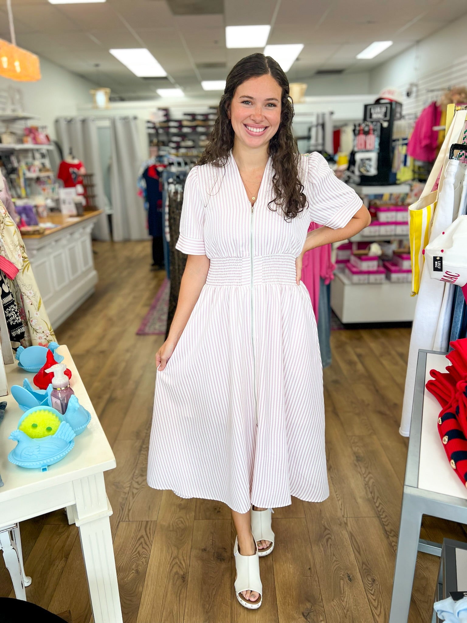 Light Pink Striped Zip Front Midi Dress - A'Bekah's Boutique